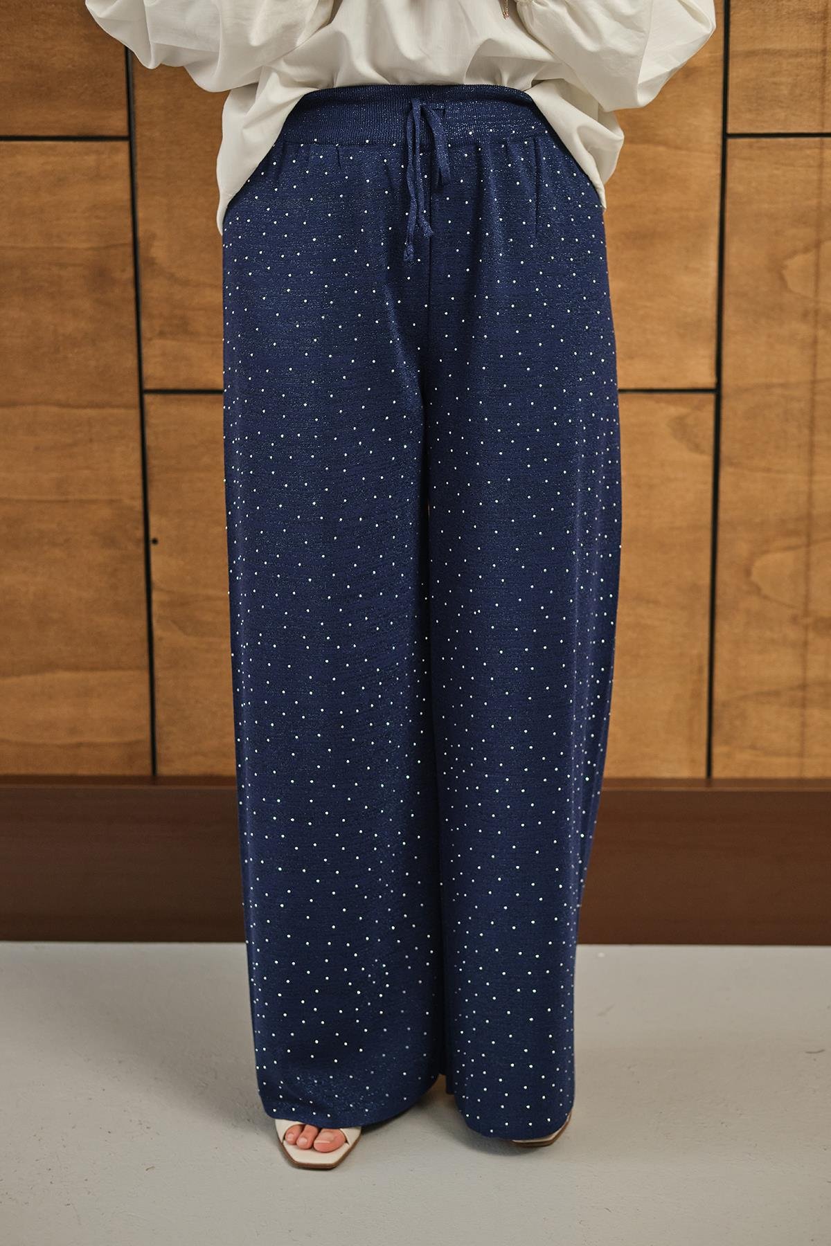 Sim Detay Taşlı Triko Pantolon Lacivert