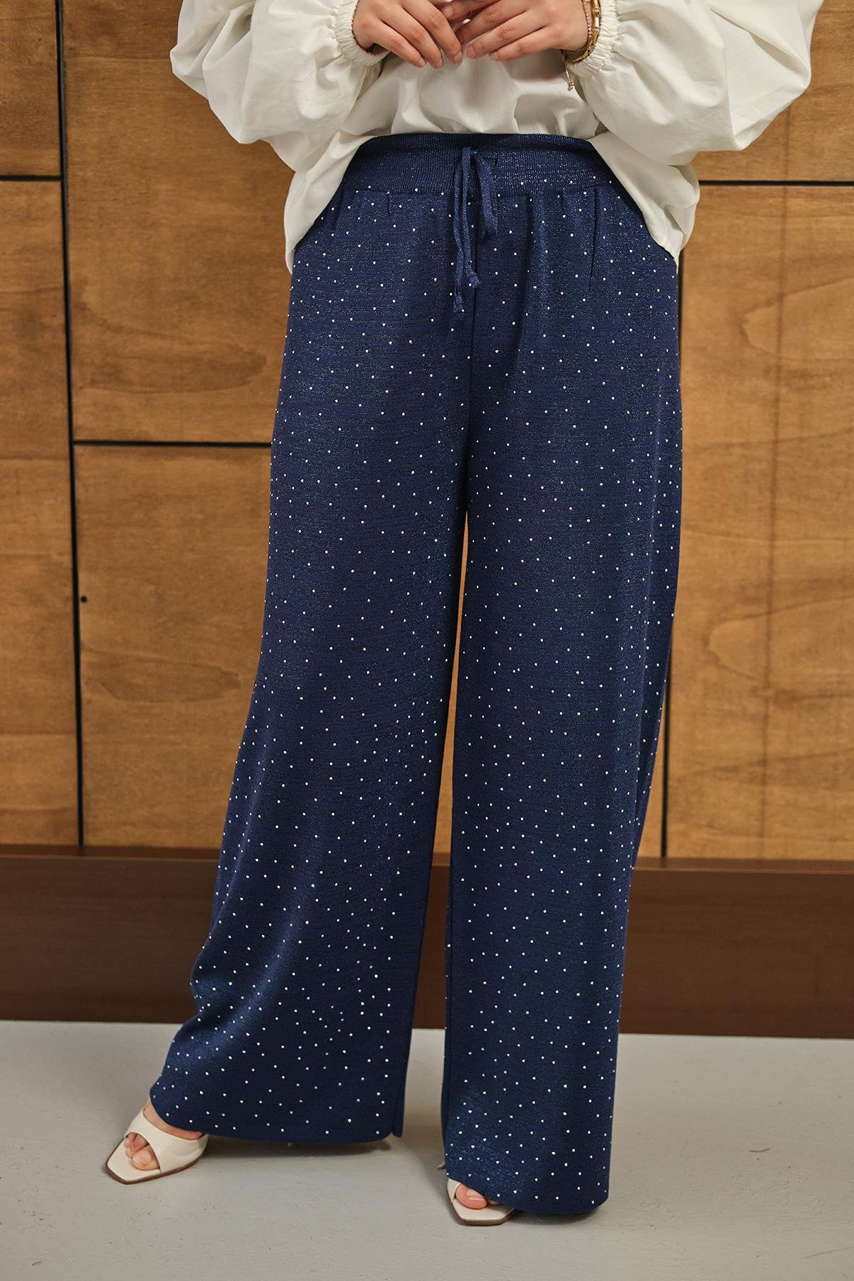 Sim Detay Taşlı Triko Pantolon Lacivert