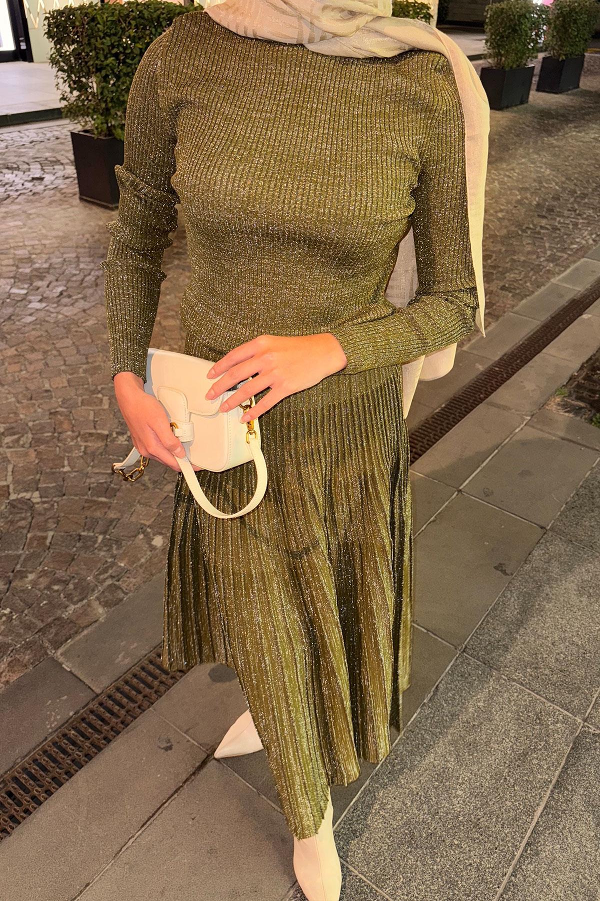 Sim Detaylı Elbise Yağ Yeşil