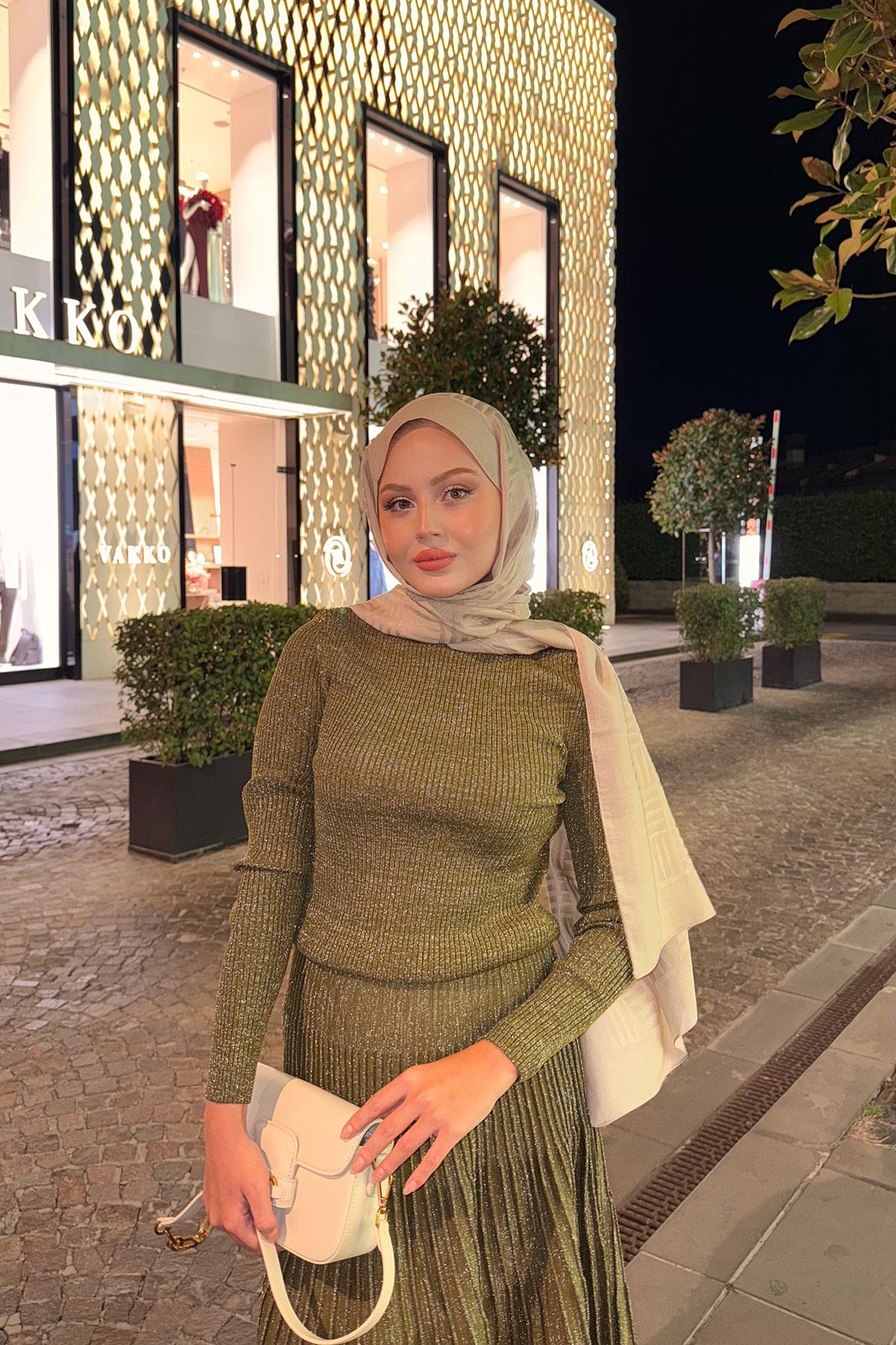 Sim Detaylı Elbise Yağ Yeşil