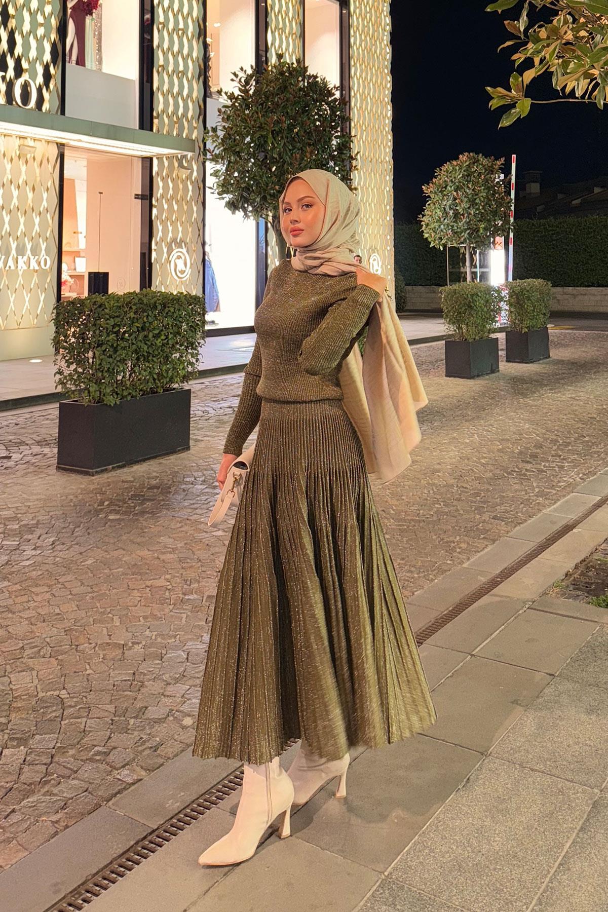 Sim Detaylı Elbise Yağ Yeşil