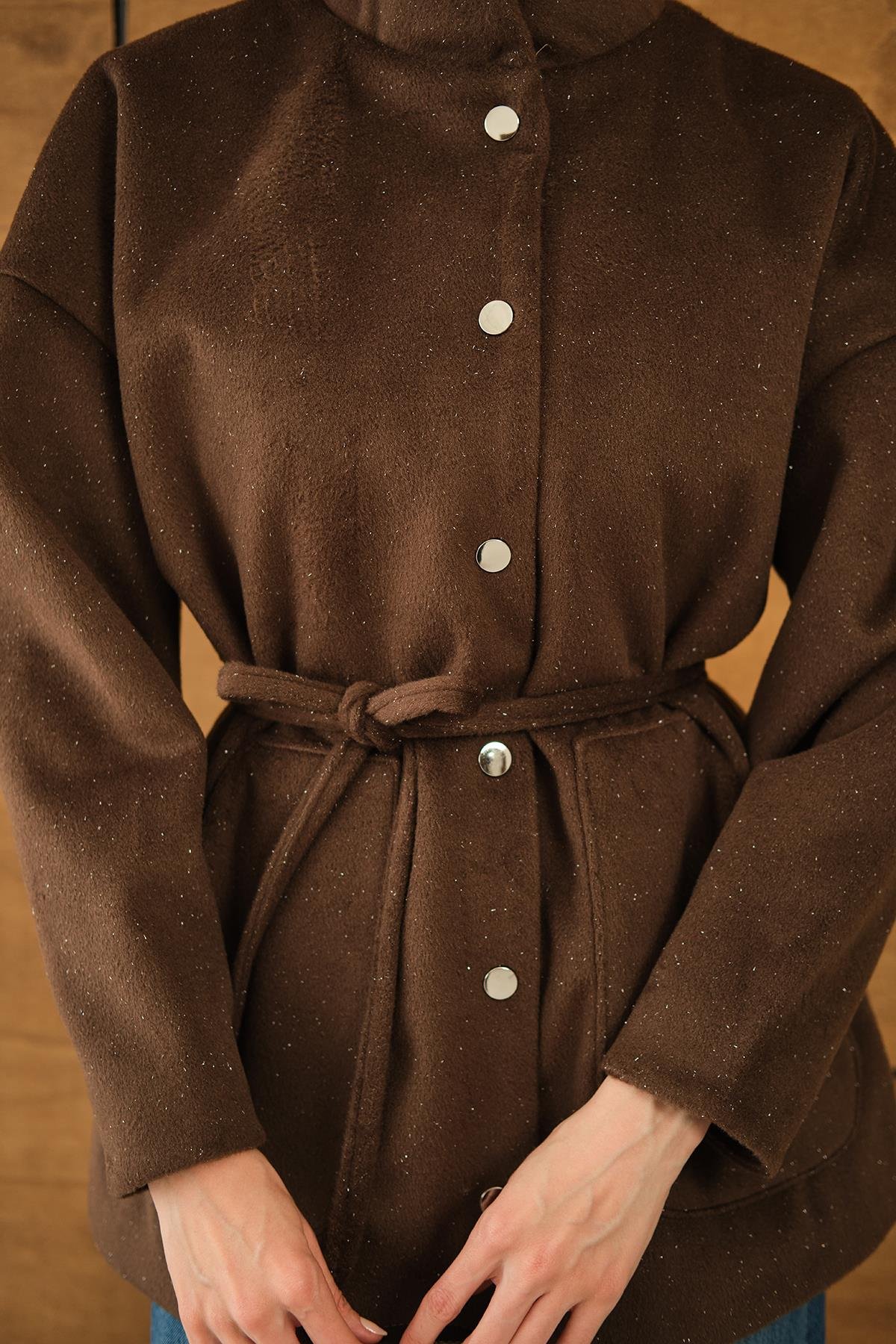 Simli Kaşe Çıtçıtlı Ceket Kahverengi