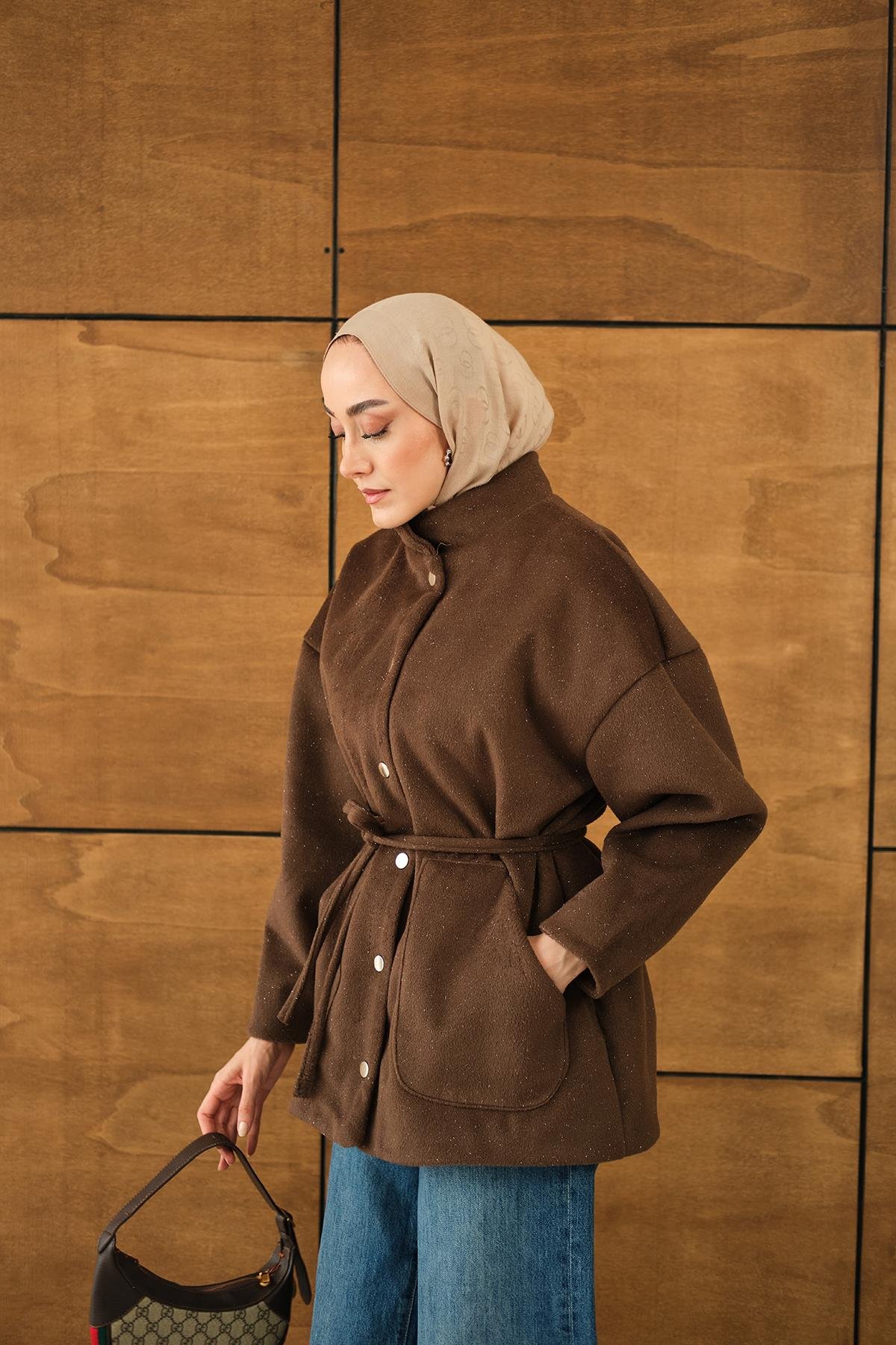 Simli Kaşe Çıtçıtlı Ceket Kahverengi