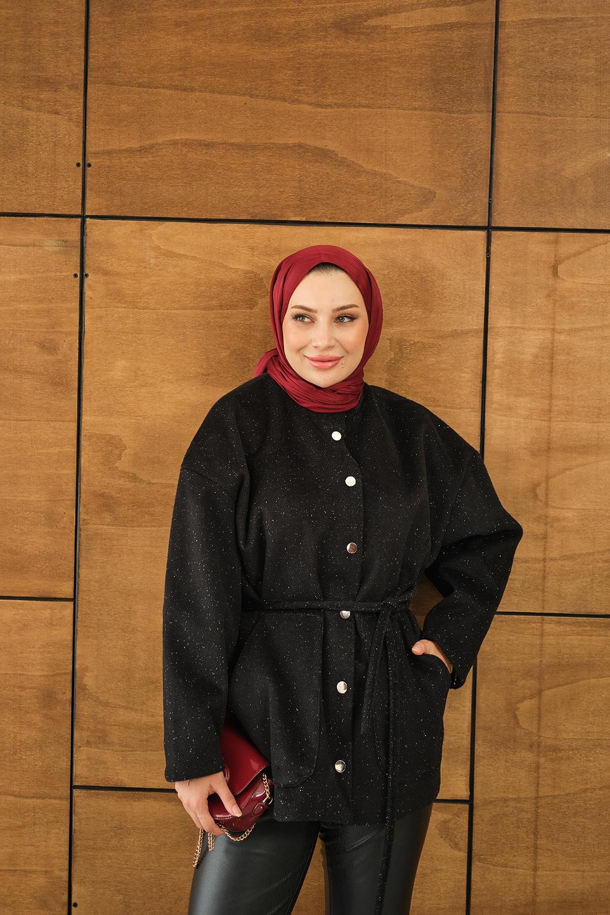 Simli Kaşe Çıtçıtlı Ceket Siyah