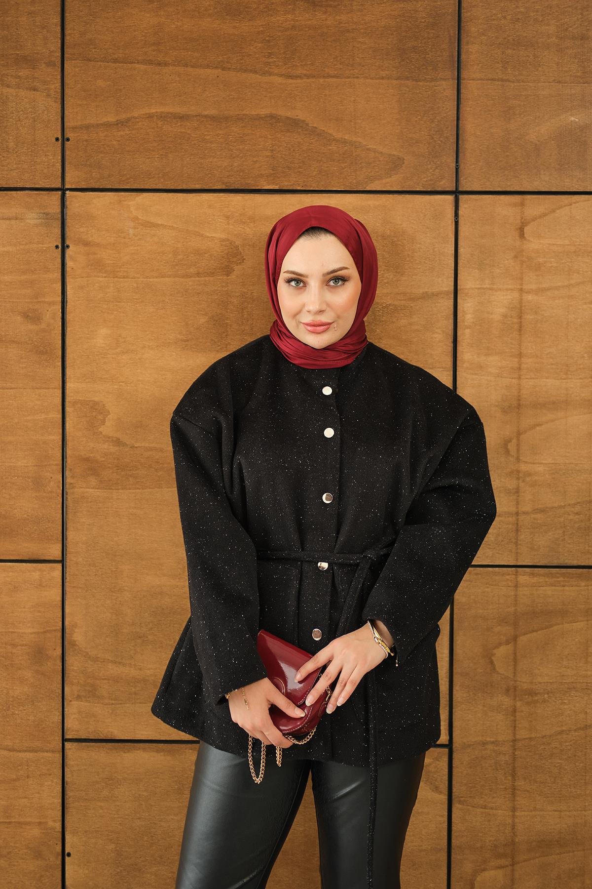 Simli Kaşe Çıtçıtlı Ceket Siyah