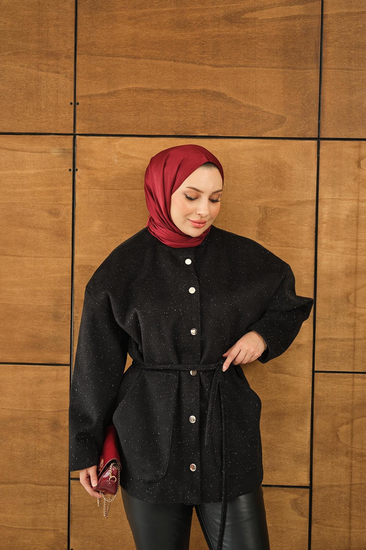 Simli Kaşe Çıtçıtlı Ceket Siyah