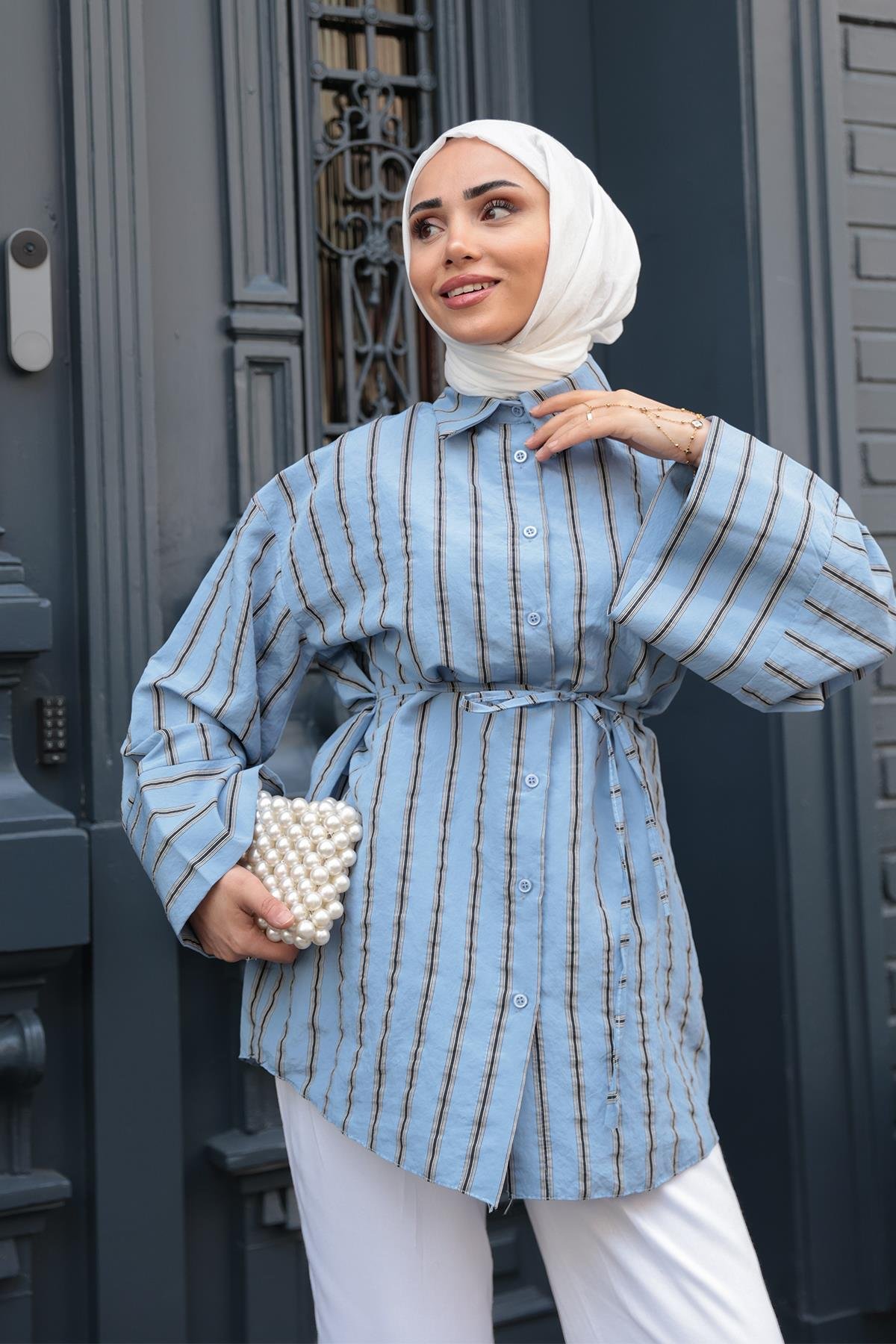 Siyah Çizgili Balon Kol Gömlek  Mavi