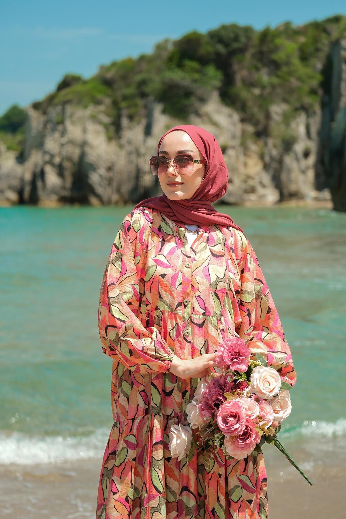 Soft Botanika Desen Elbise Fuşya
