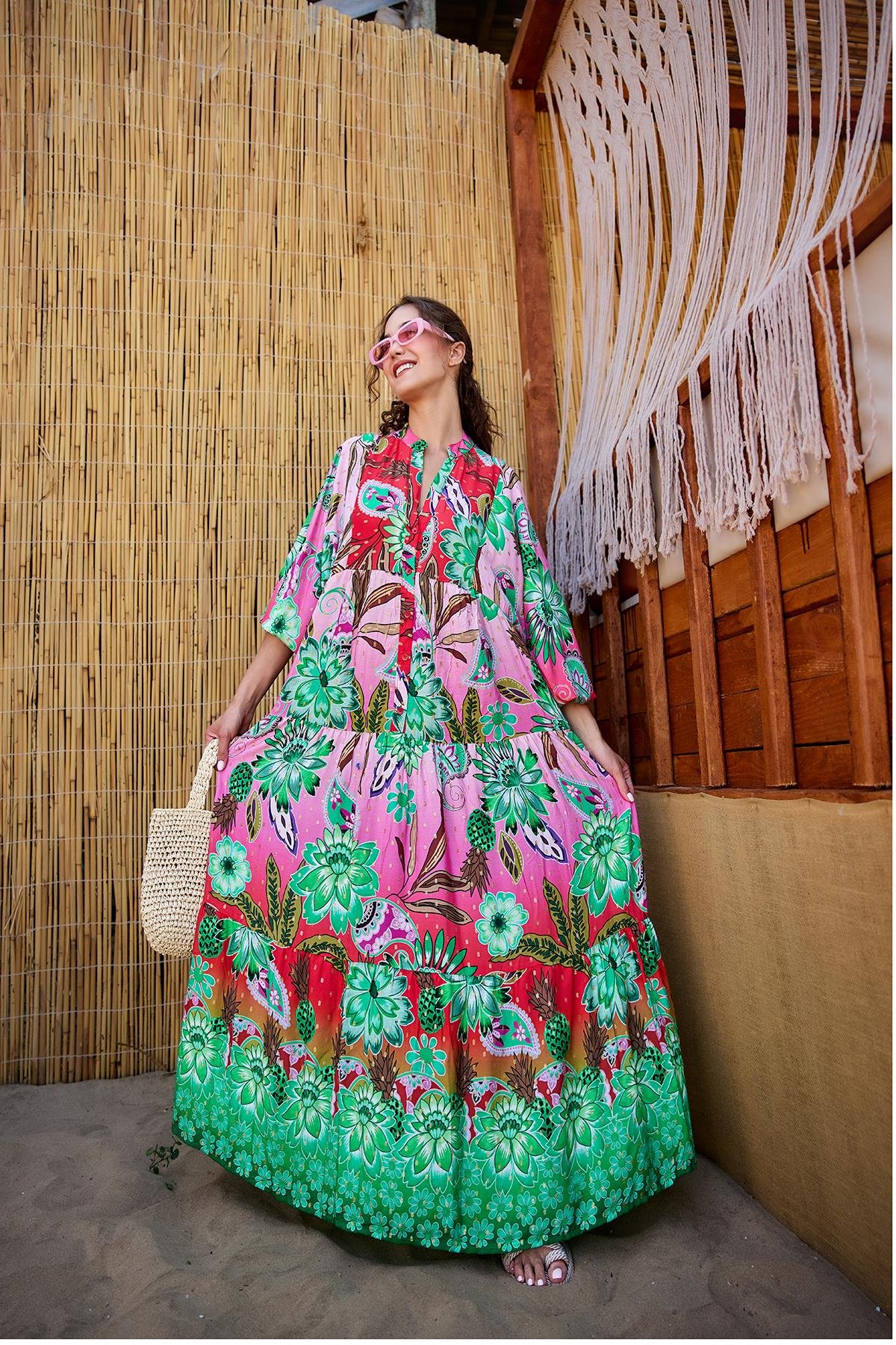 Soyut Botanik Desen Elbise Pembe-Kırmızı