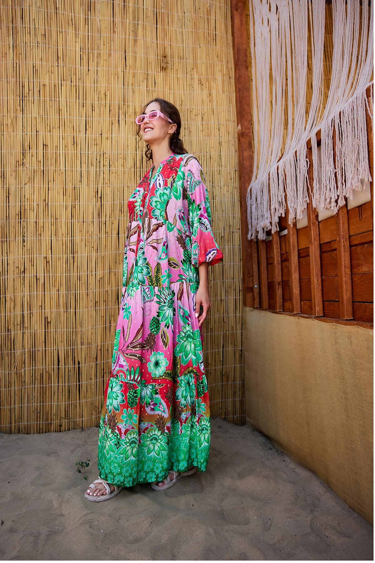 Soyut Botanik Desen Elbise Pembe-Kırmızı