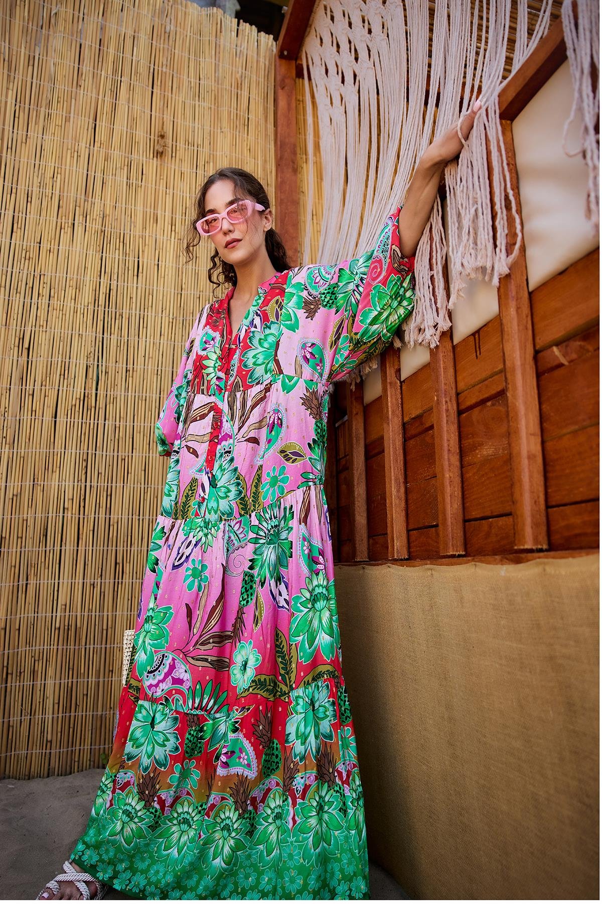 Soyut Botanik Desen Elbise Pembe-Kırmızı