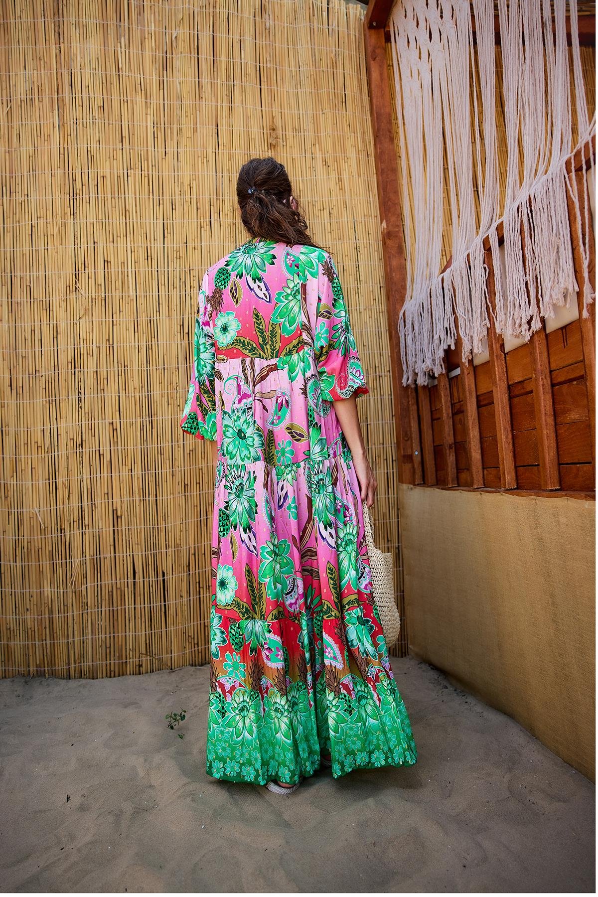 Soyut Botanik Desen Elbise Pembe-Kırmızı