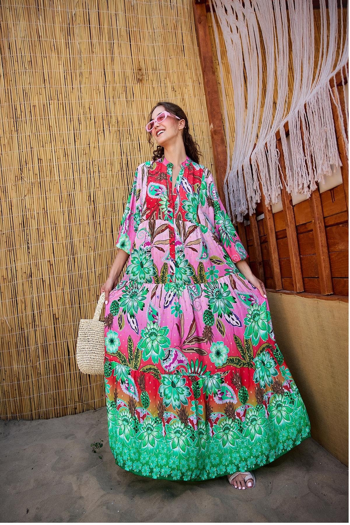 Soyut Botanik Desen Elbise Pembe-Kırmızı