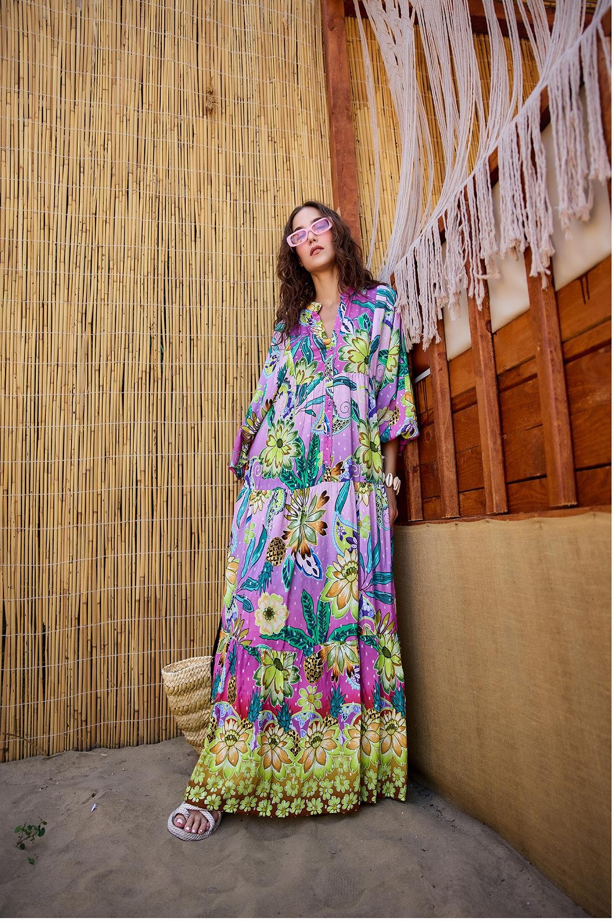 Soyut Botanik Desen Elbise Pembe-Mor