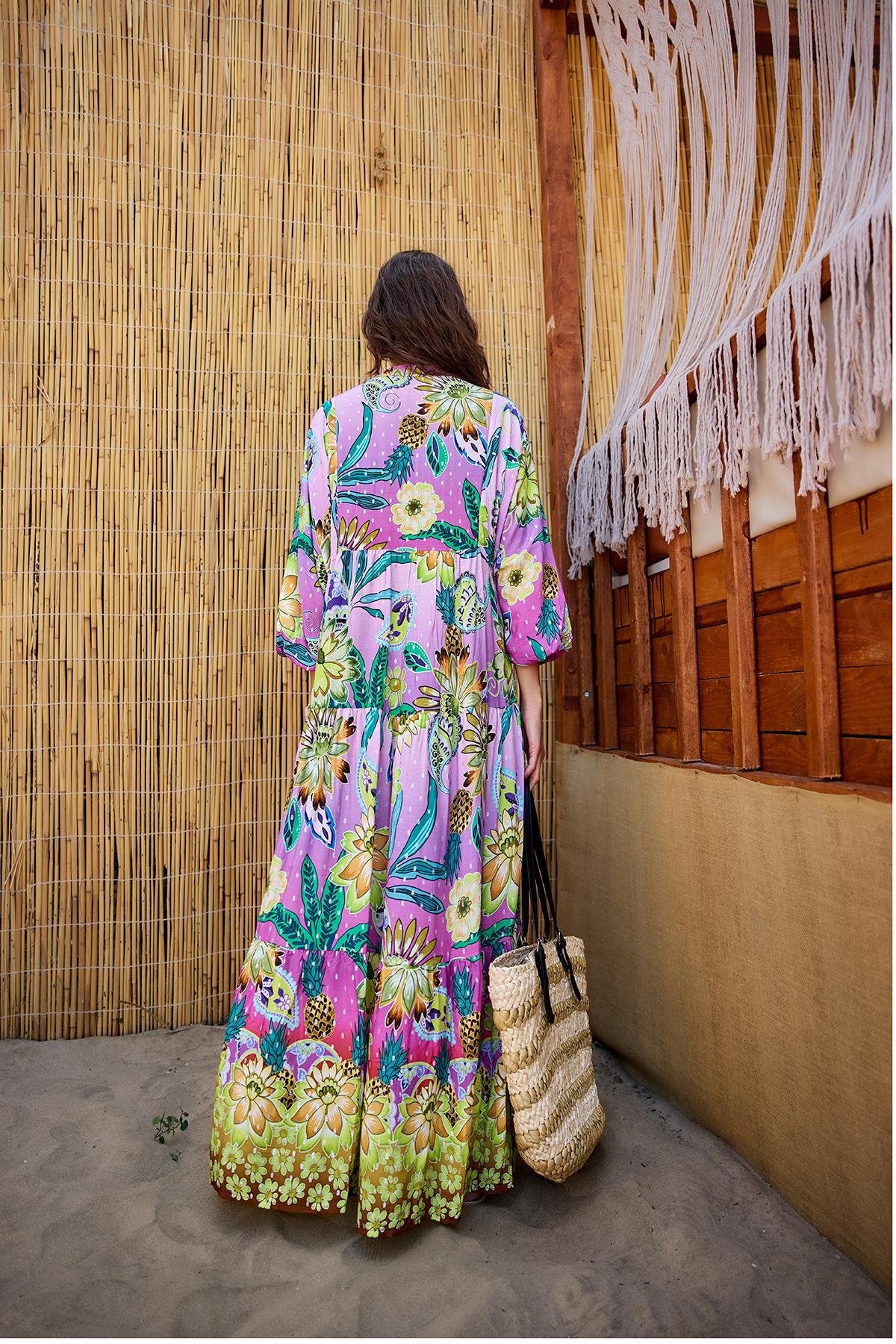 Soyut Botanik Desen Elbise Pembe-Mor