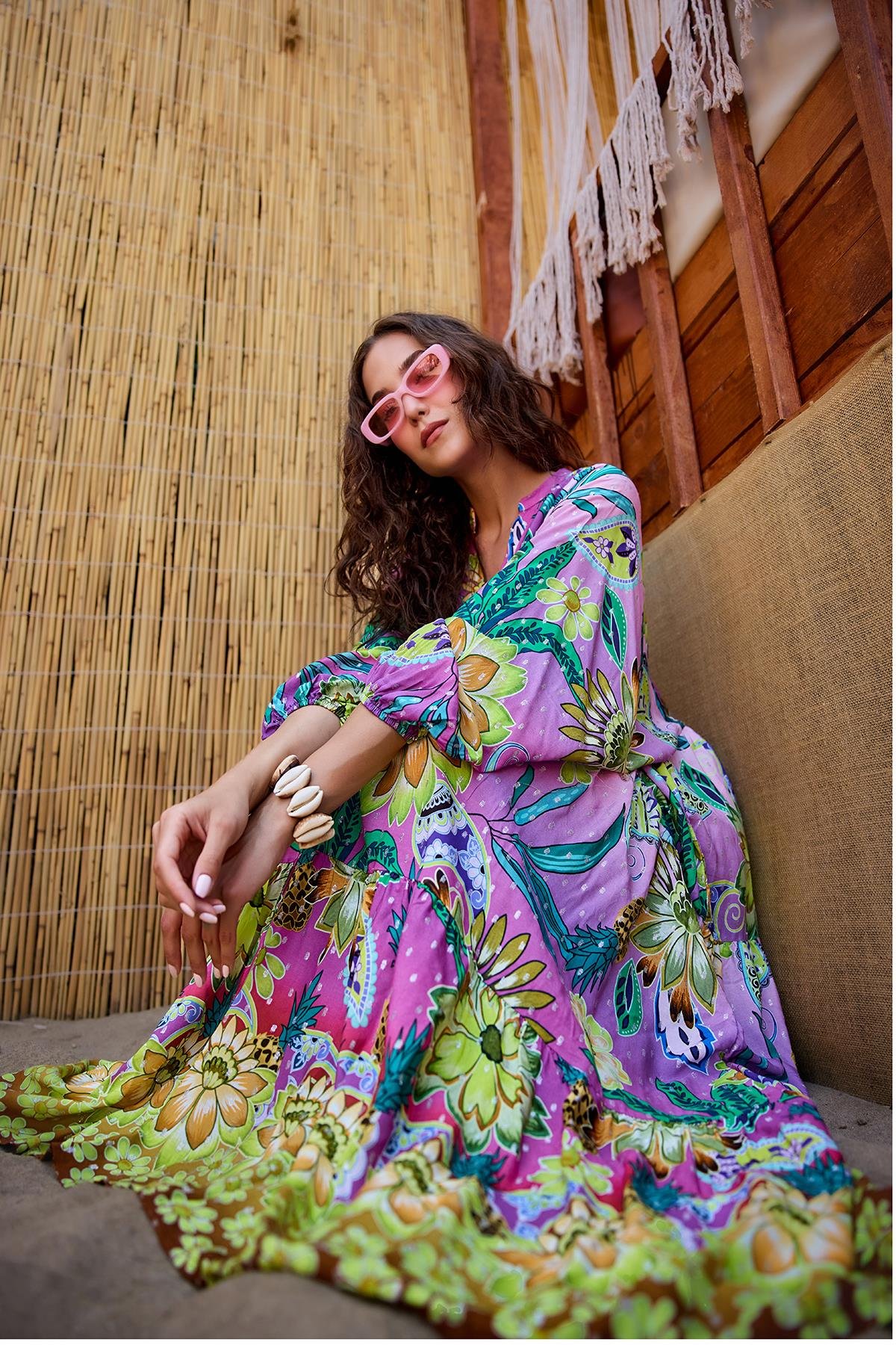 Soyut Botanik Desen Elbise Pembe-Mor