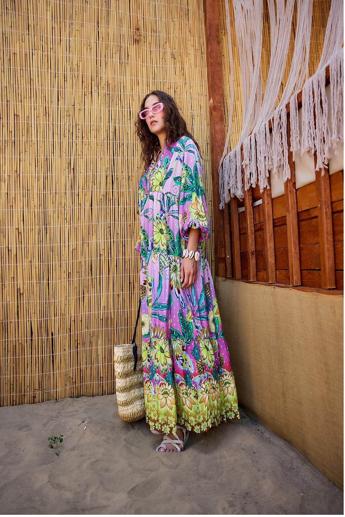 Soyut Botanik Desen Elbise Pembe-Mor