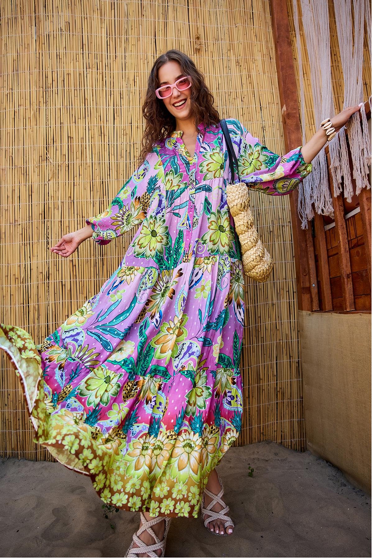 Soyut Botanik Desen Elbise Pembe-Mor