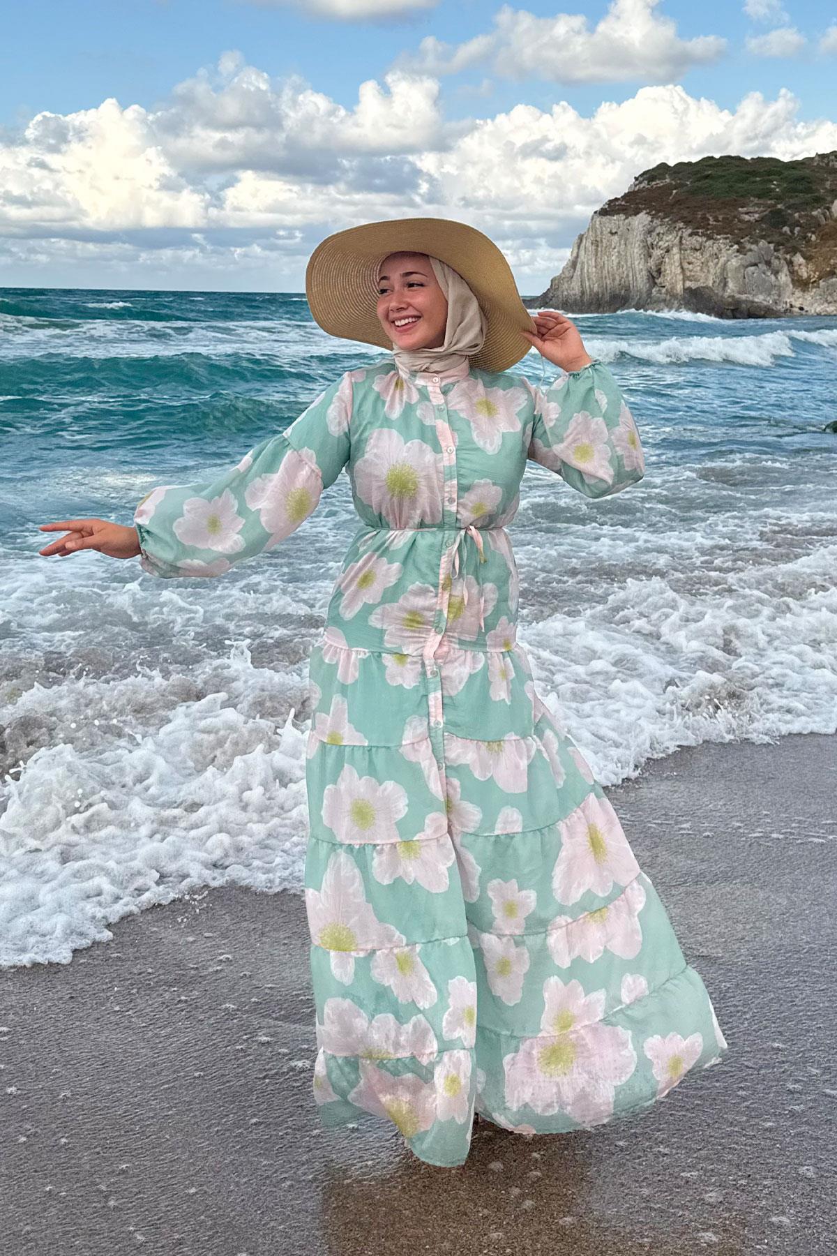 Soyut Çiçek Desen Elbise Yeşil