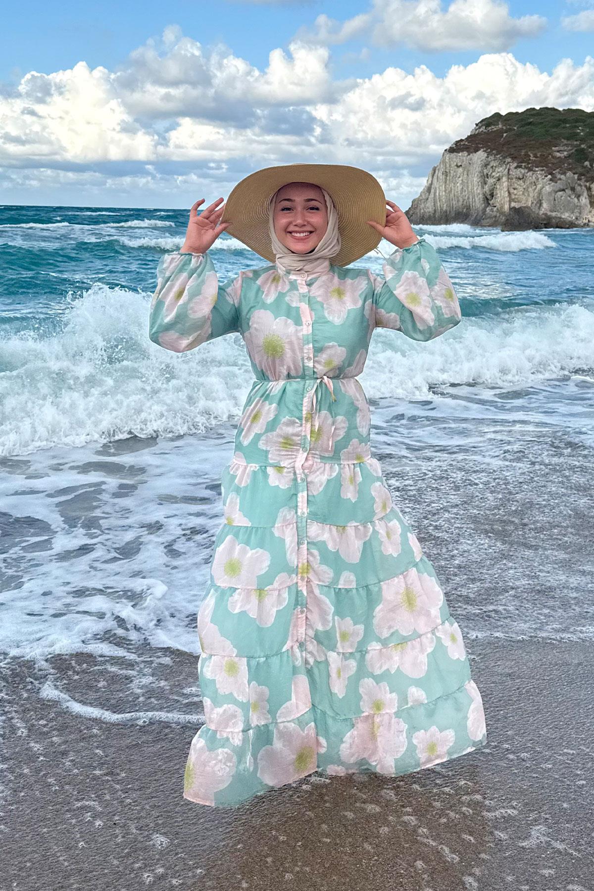 Soyut Çiçek Desen Elbise Yeşil