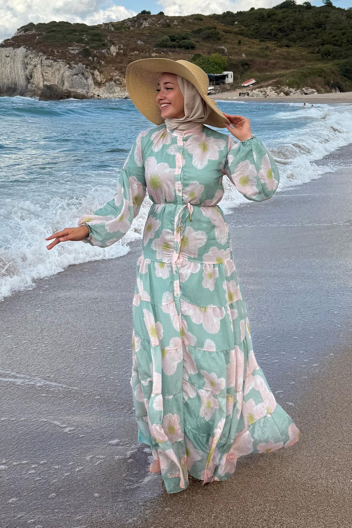 Soyut Çiçek Desen Elbise Yeşil