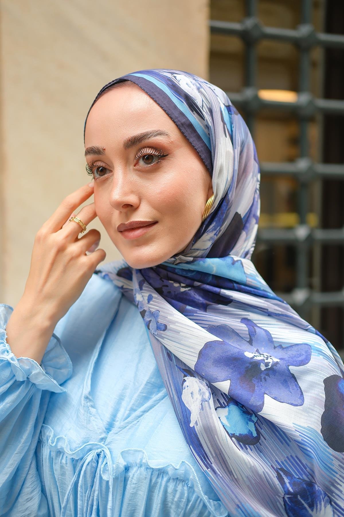 Soyut Çicek Desen Soft Şal Lacivert