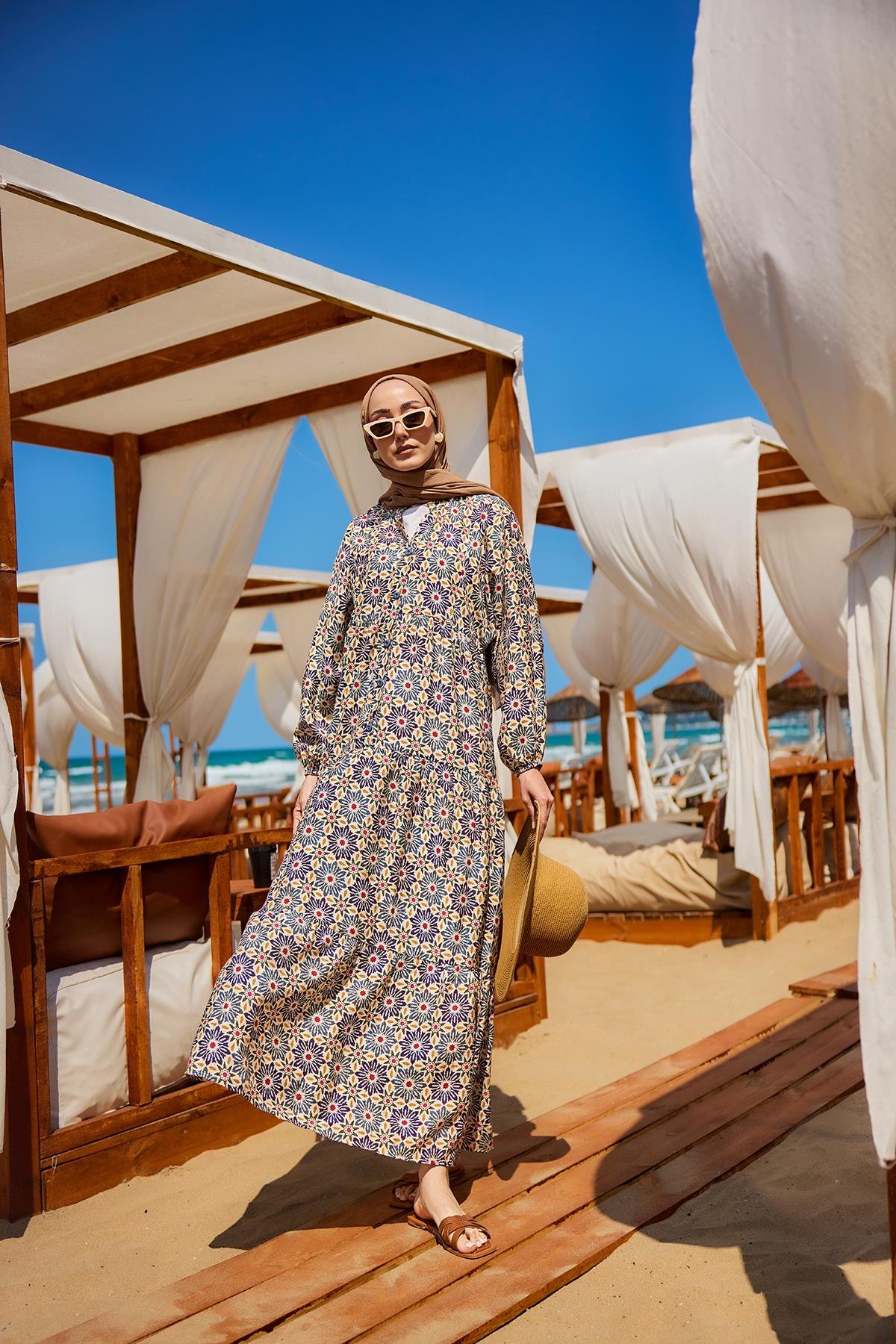 Stilize Çiçek Desenli Elbise Lacivert