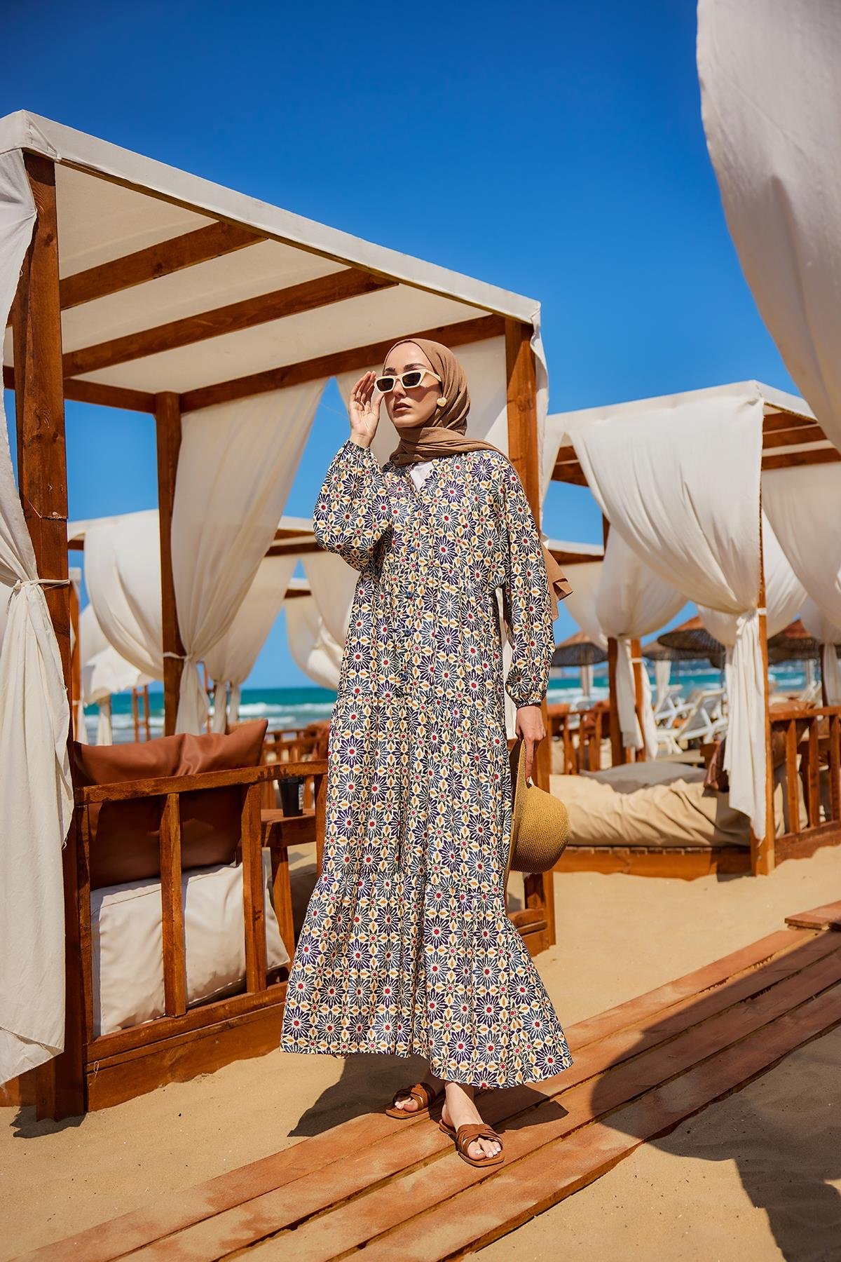 Stilize Çiçek Desenli Elbise Lacivert