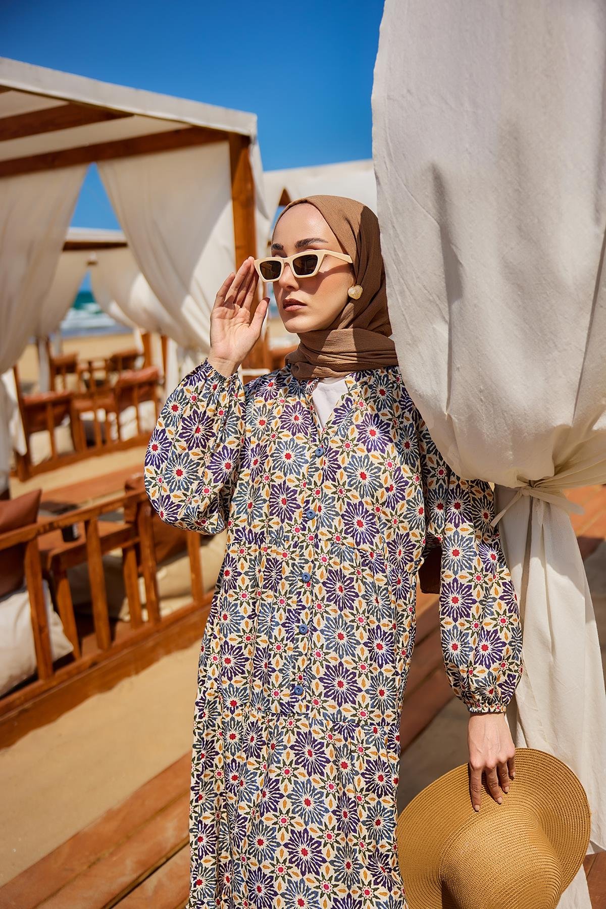 Stilize Çiçek Desenli Elbise Lacivert