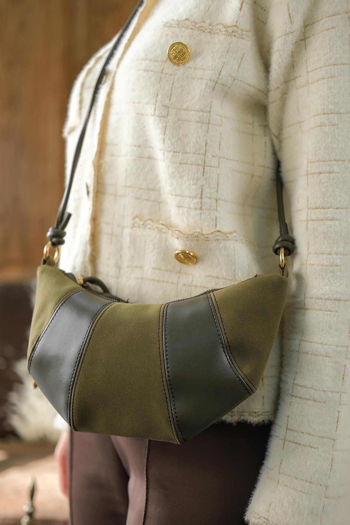 Süet Detay Çanta Haki Yeşil