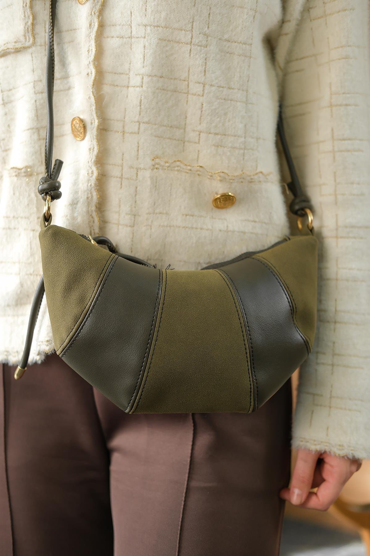 Süet Detay Çanta Haki Yeşil