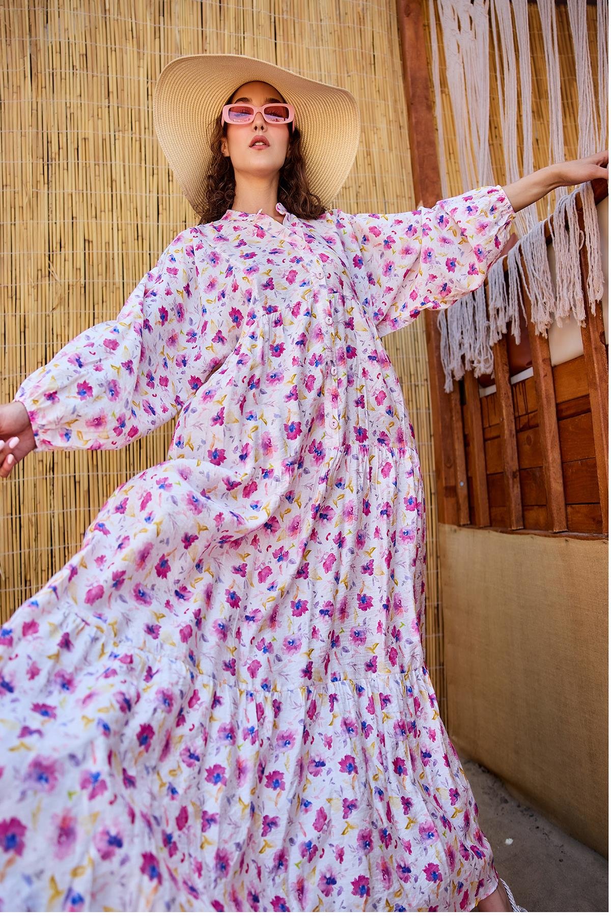 Sulu Boya Çiçek Desen Elbise Fuşya