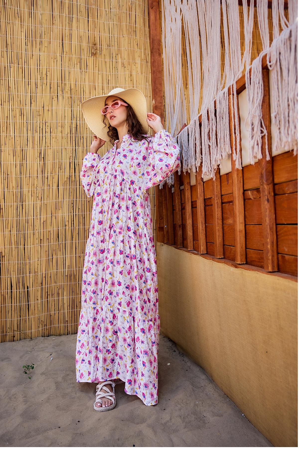 Sulu Boya Çiçek Desen Elbise Fuşya