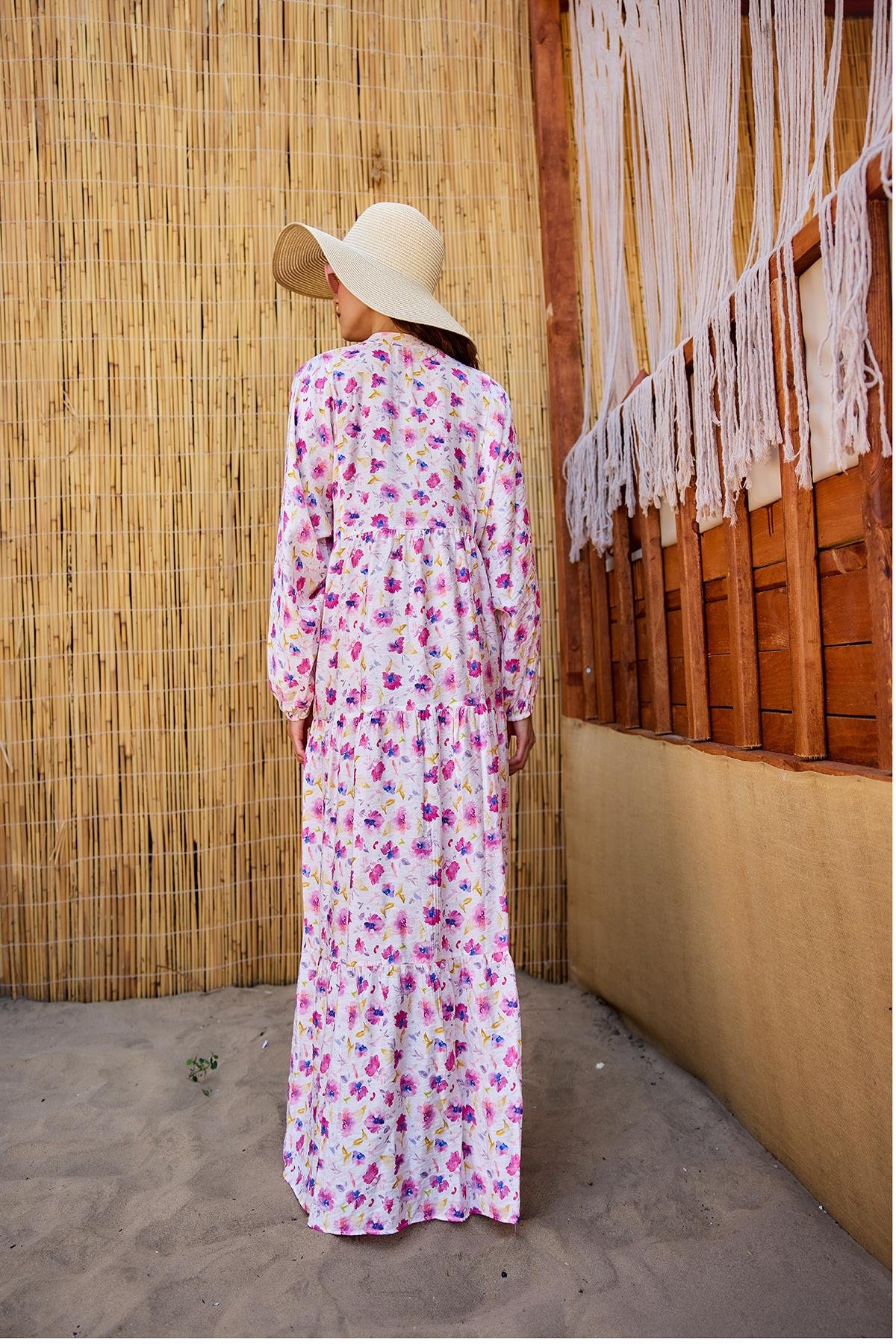 Sulu Boya Çiçek Desen Elbise Fuşya