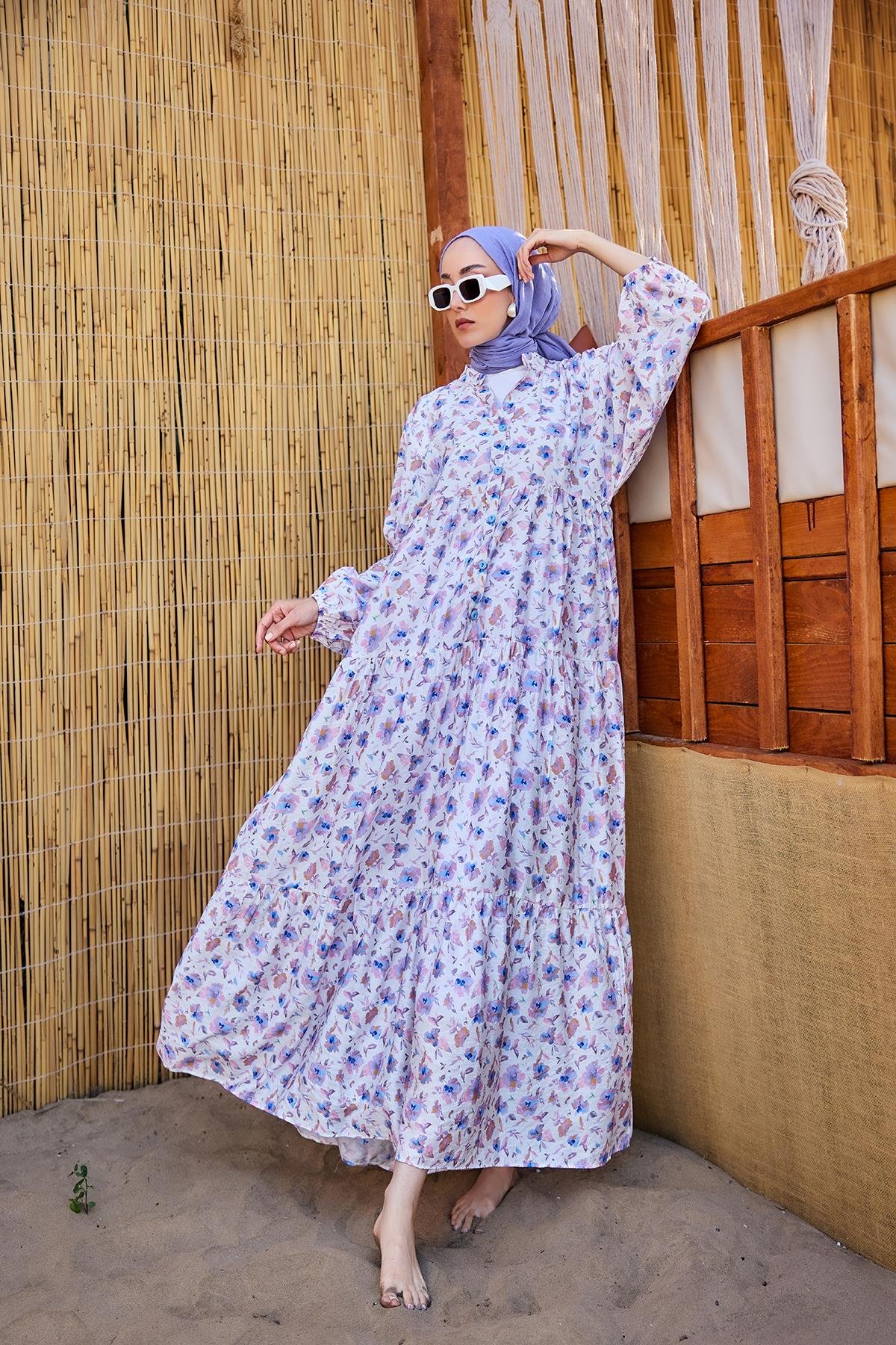 Sulu Boya Çiçek Desen Elbise Lila