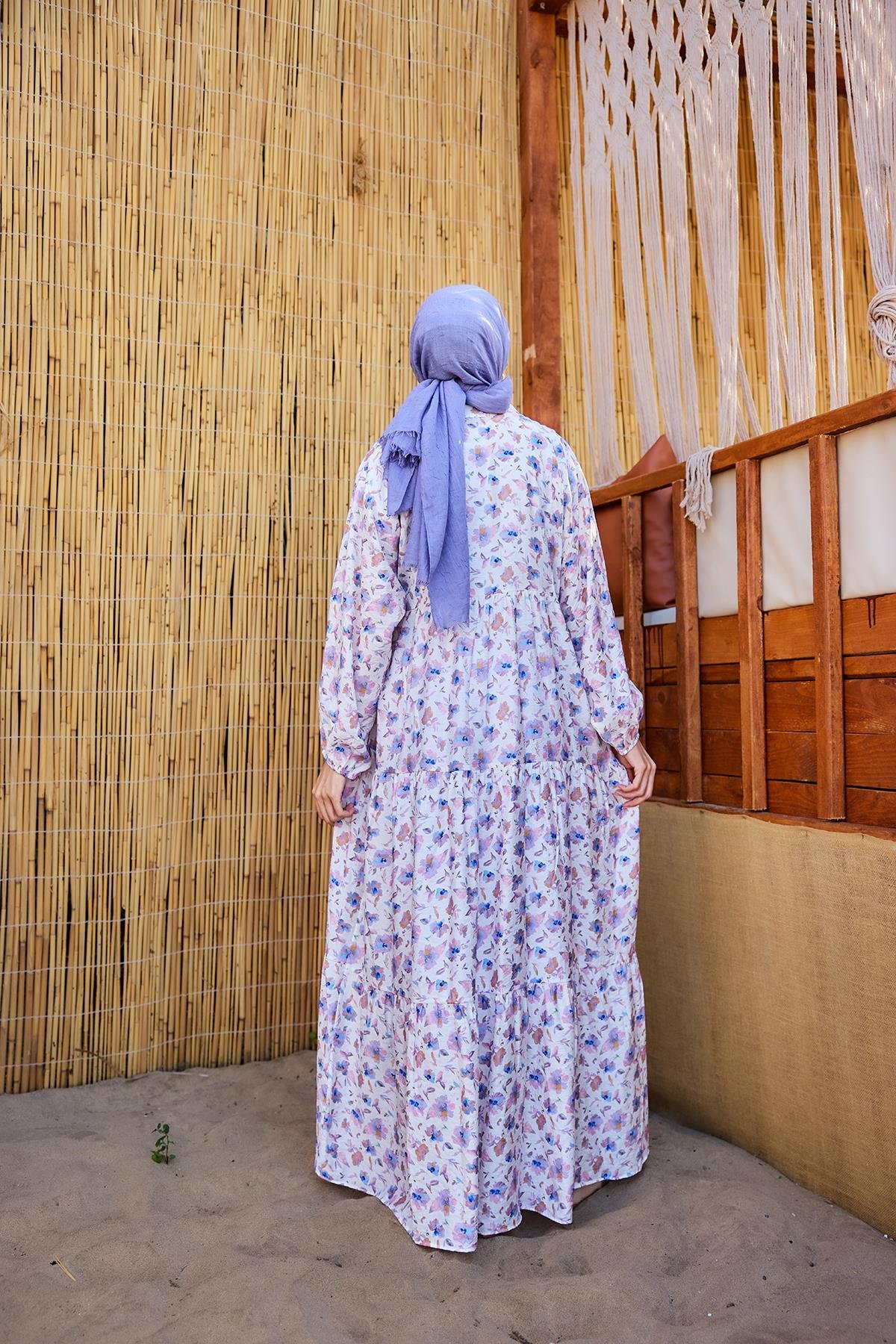 Sulu Boya Çiçek Desen Elbise Lila