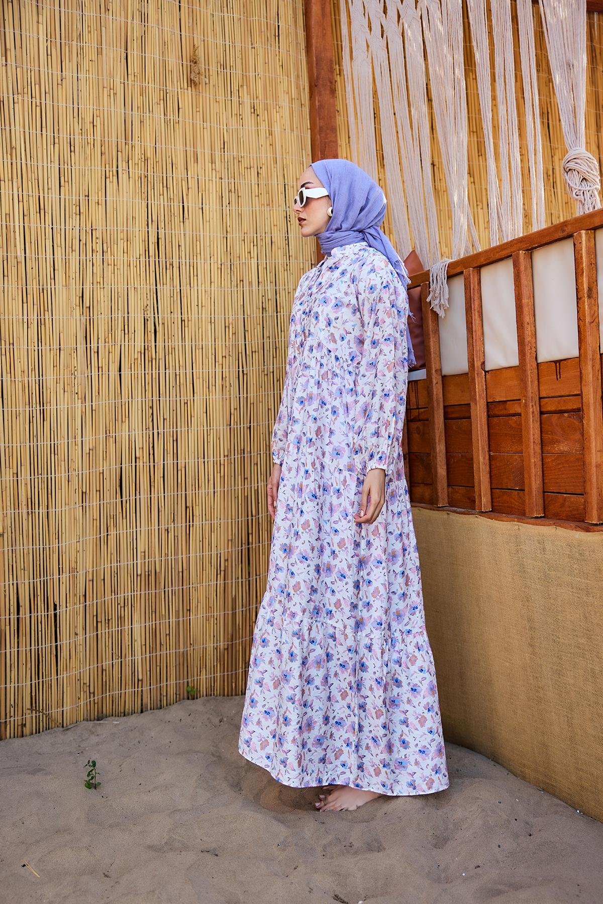 Sulu Boya Çiçek Desen Elbise Lila