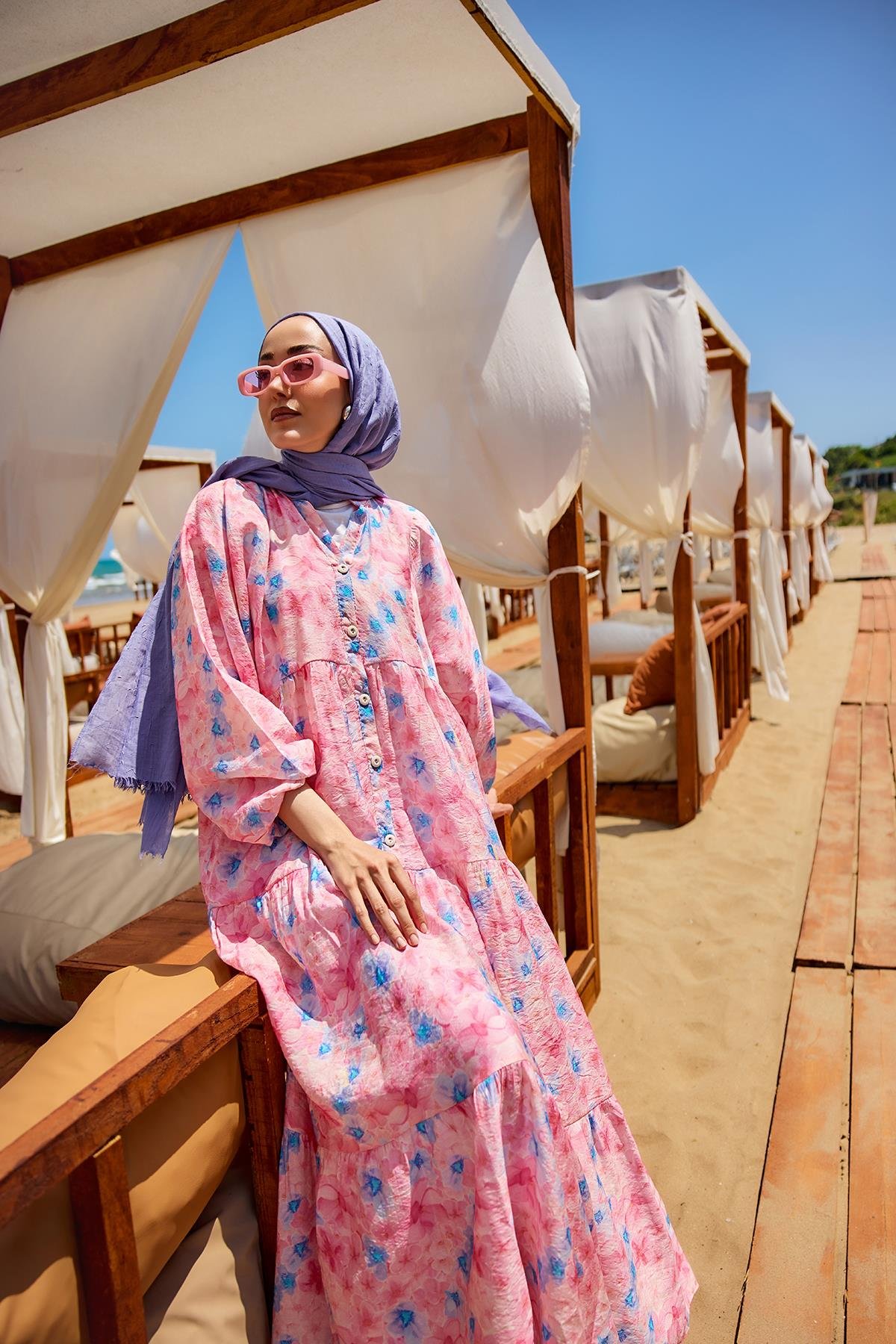 Sulu Boya Çicek Desen Elbise Pembe