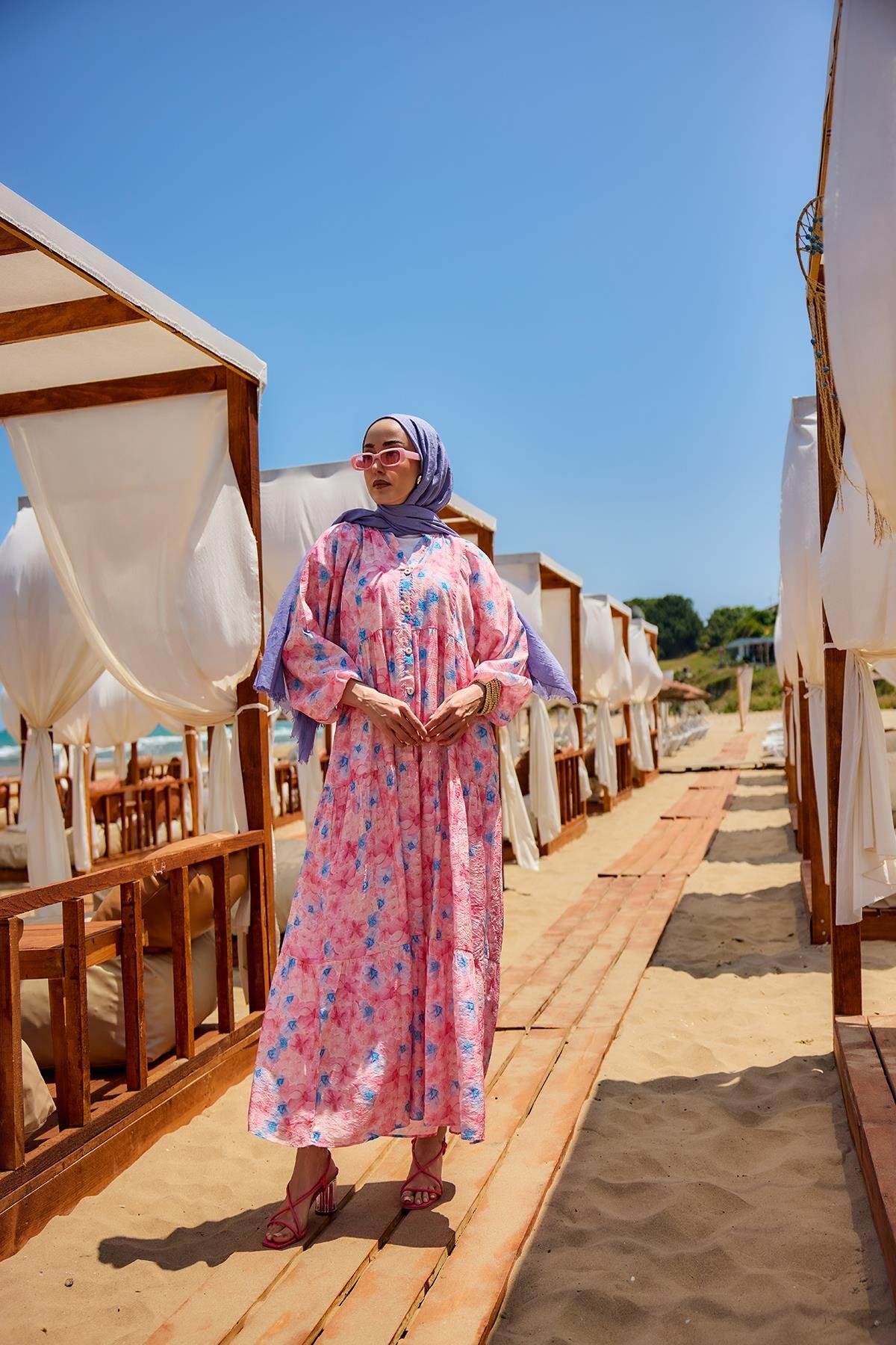 Sulu Boya Çicek Desen Elbise Pembe