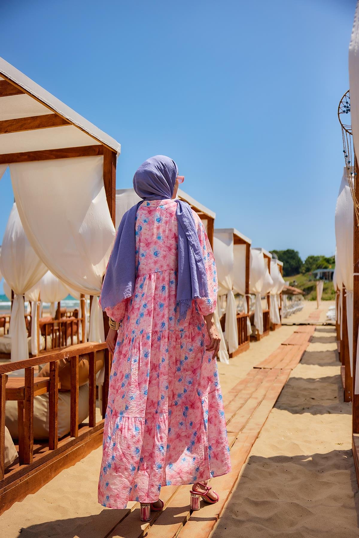 Sulu Boya Çicek Desen Elbise Pembe