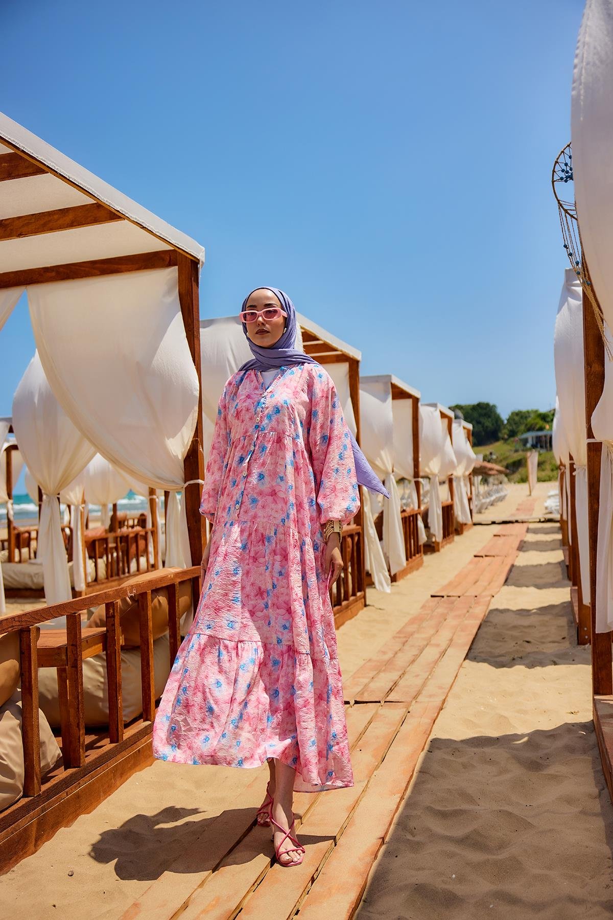 Sulu Boya Çicek Desen Elbise Pembe