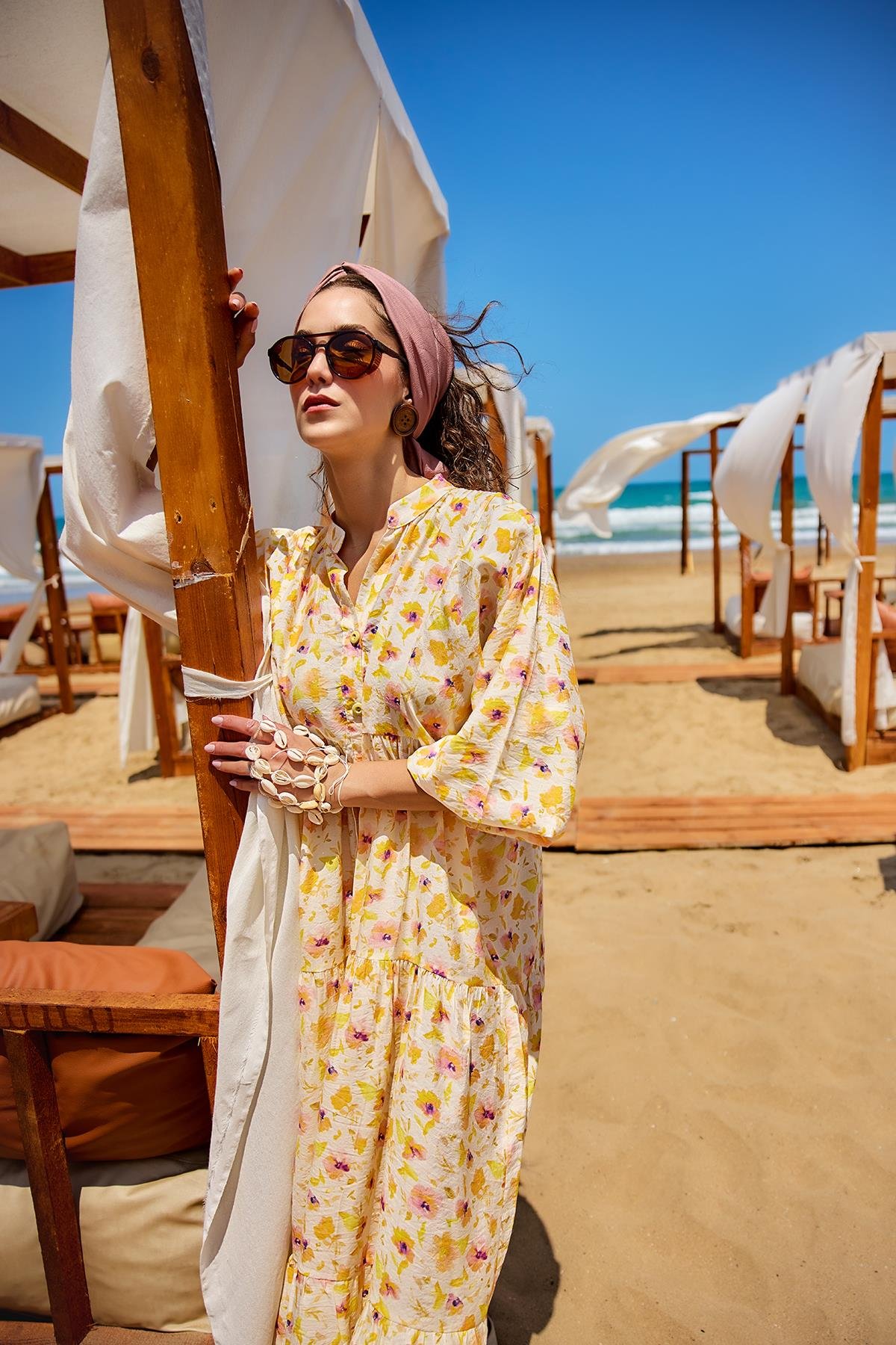 Sulu Boya Çiçek Desen Elbise Sarı