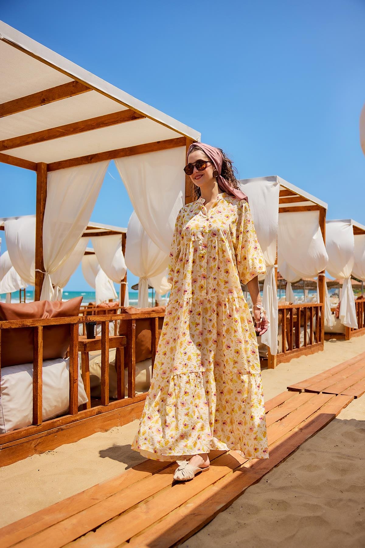 Sulu Boya Çiçek Desen Elbise Sarı