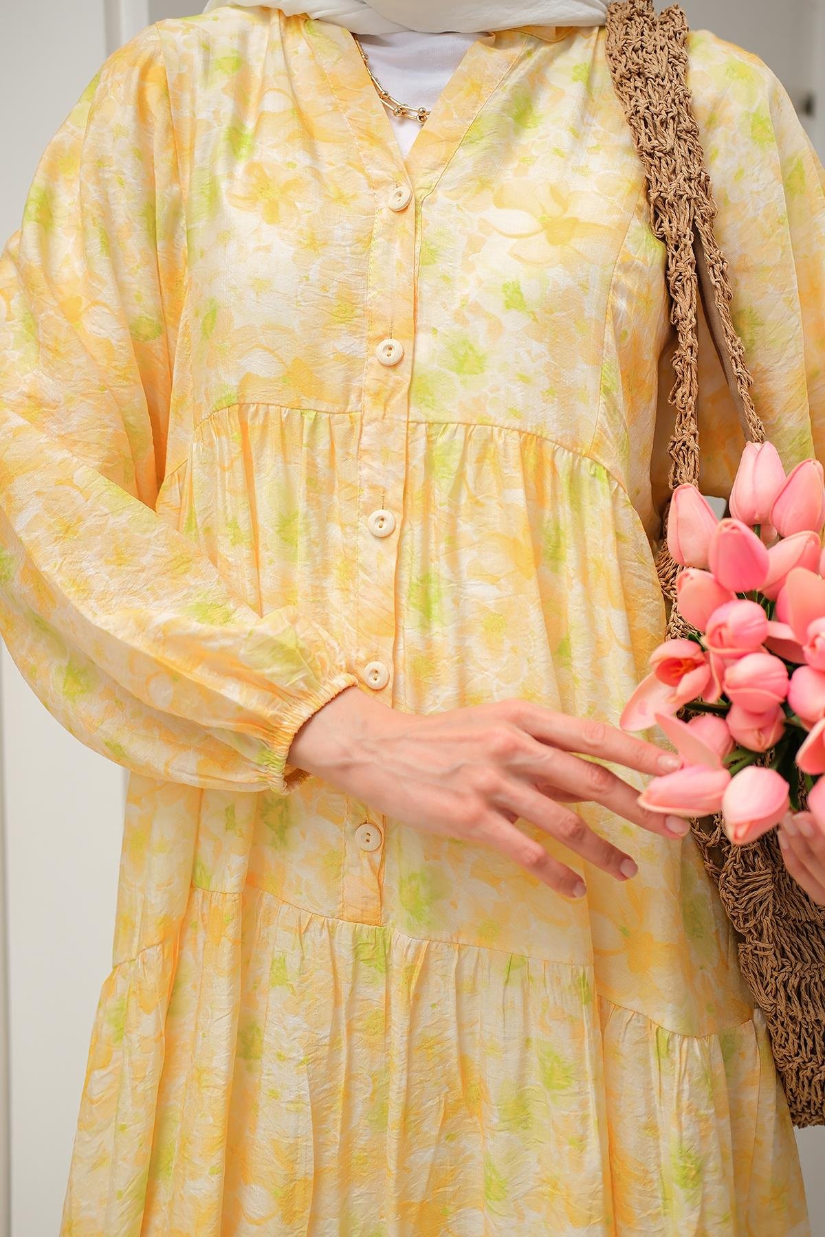 Sulu Boya Çicek Desen Elbise Sarı