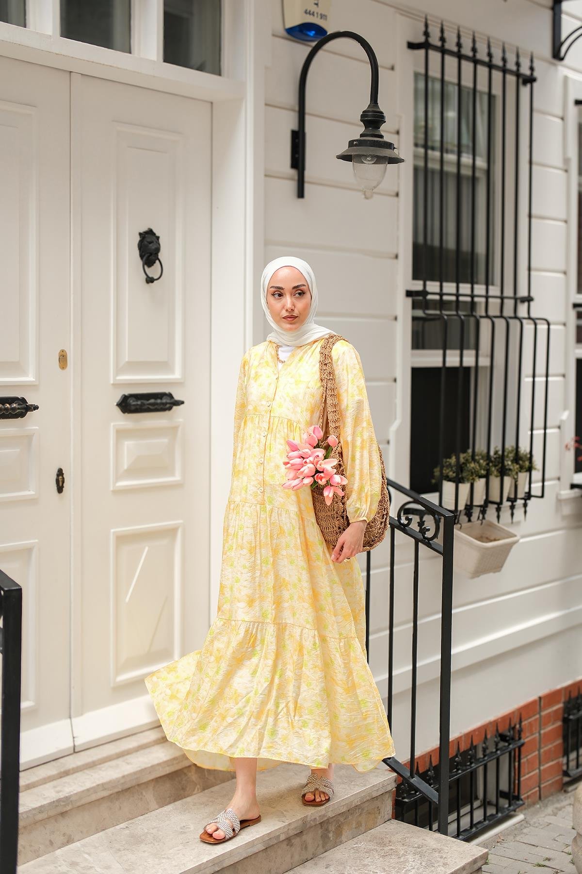 Sulu Boya Çicek Desen Elbise Sarı