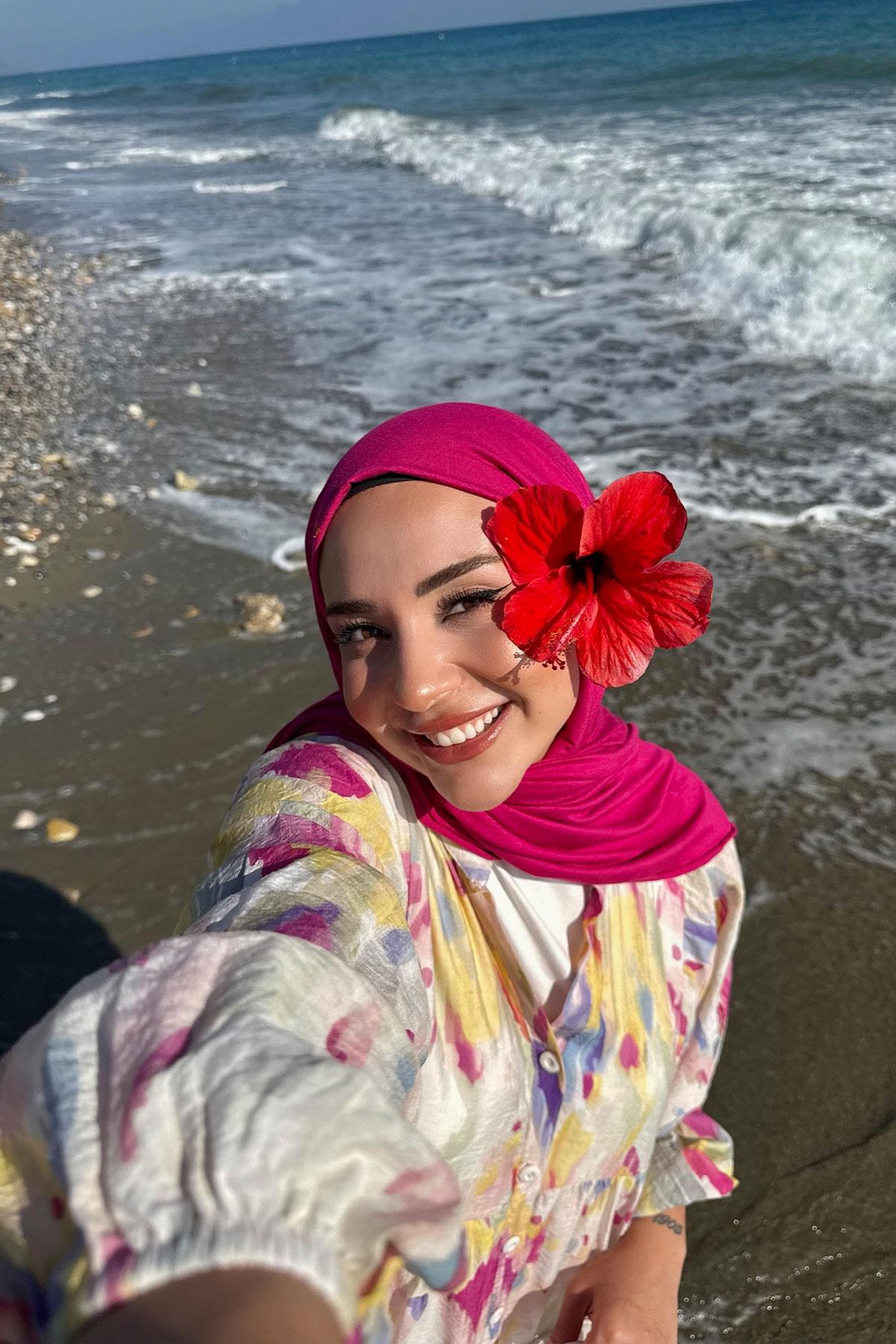 Sulu Boya Desen Elbise Fuşya