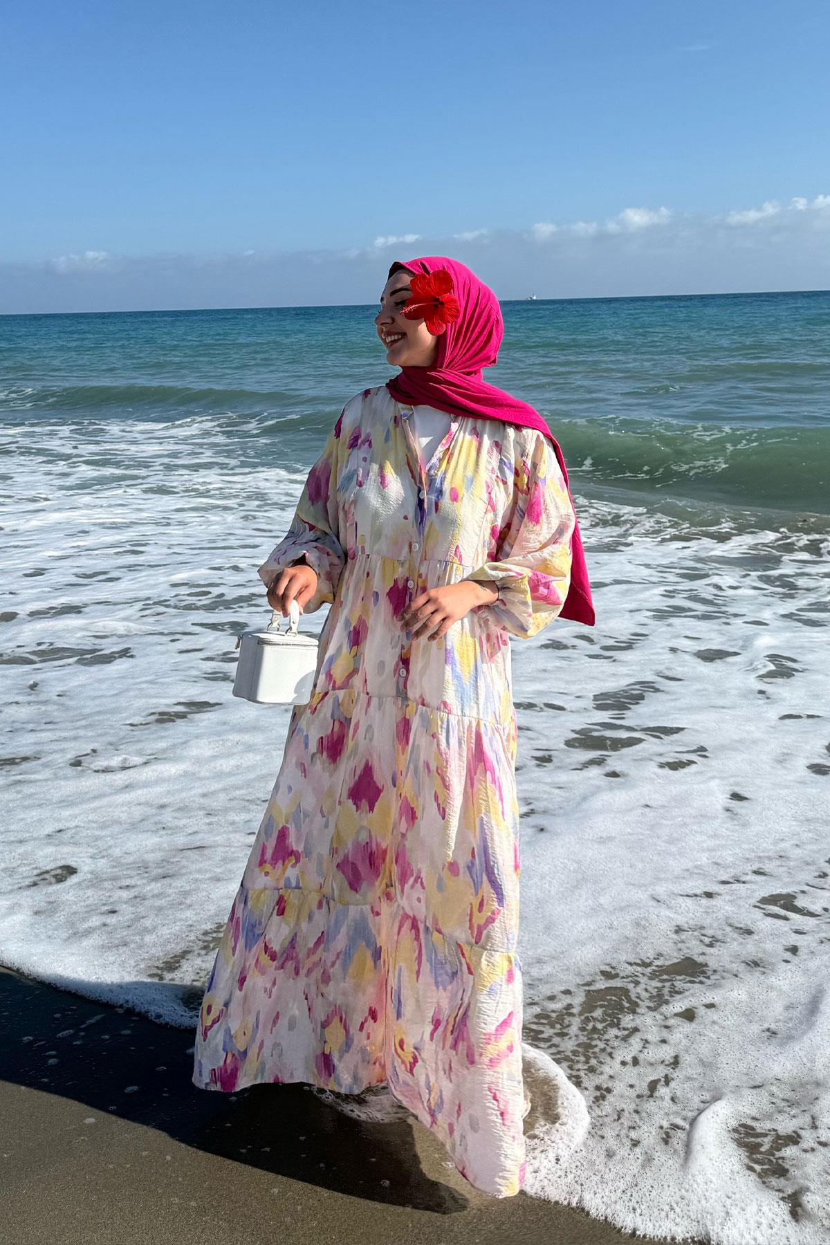 Sulu Boya Desen Elbise Fuşya