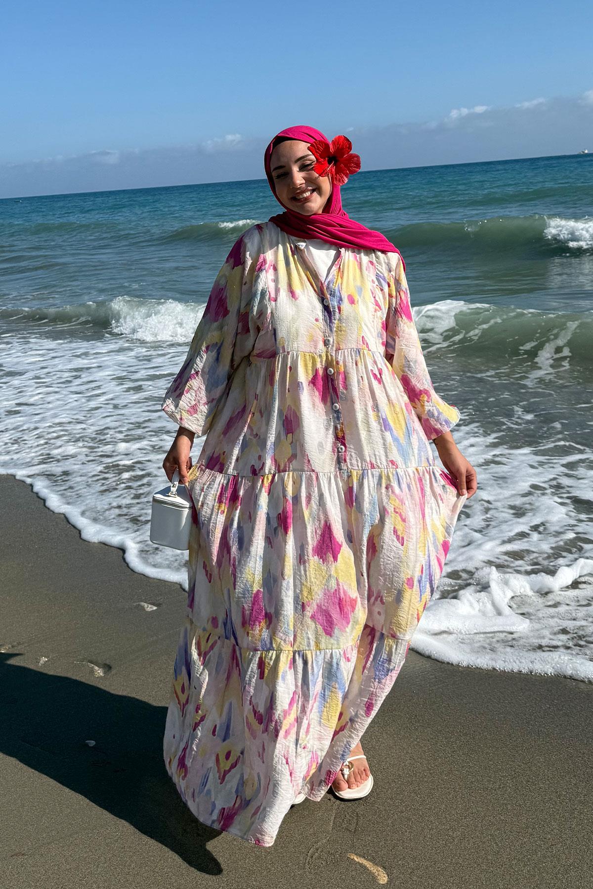 Sulu Boya Desen Elbise Fuşya