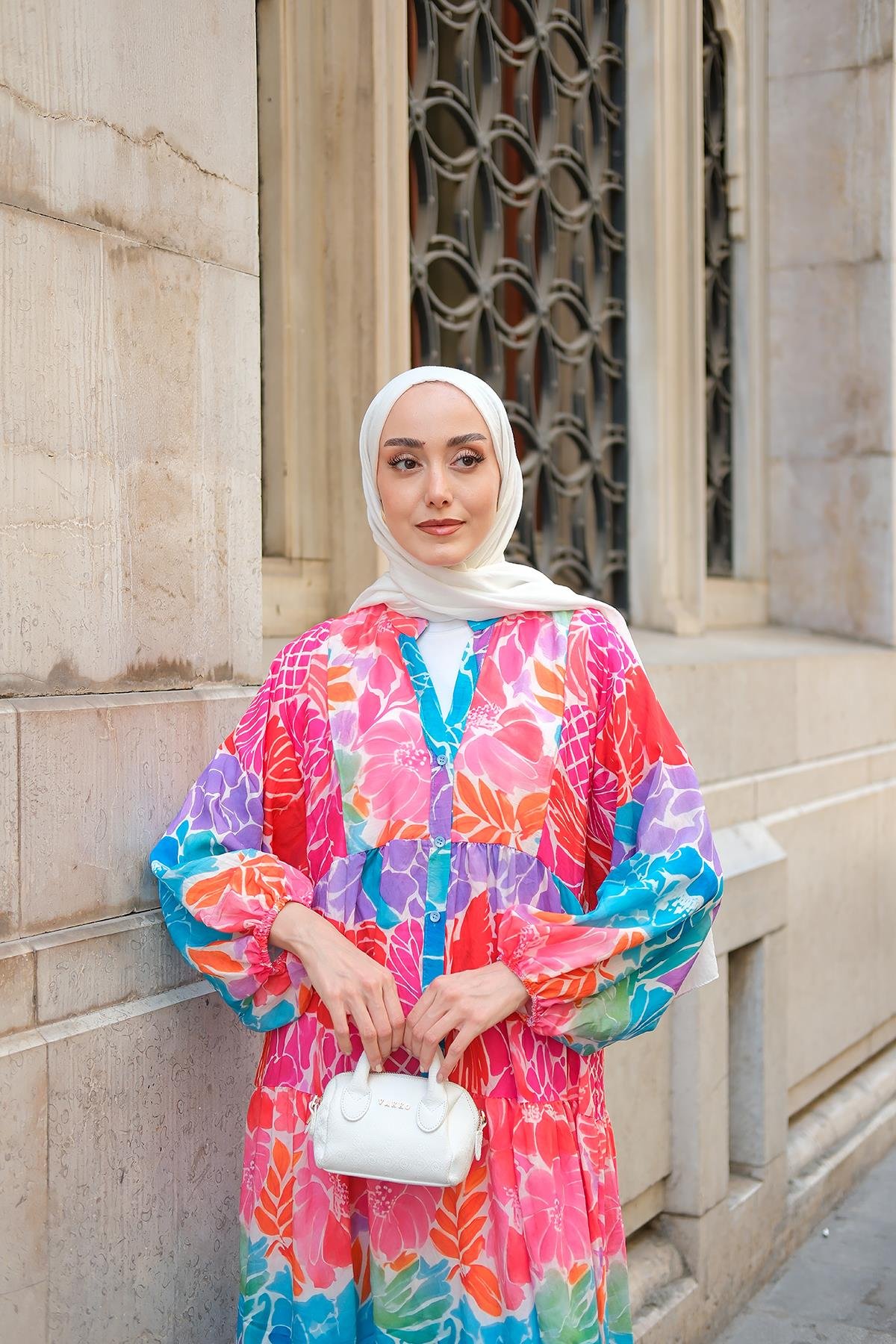 Sulu Boya Etkili Çicek Desenli Elbise Fuşya