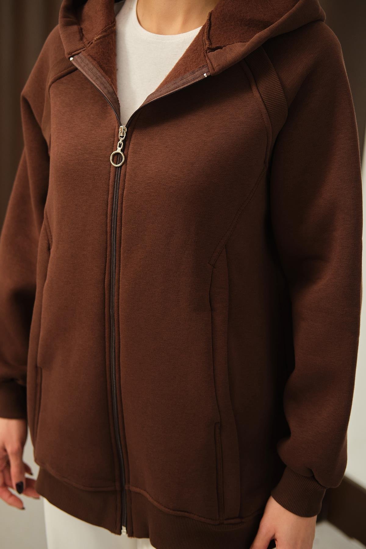 Süveter Detay Kapüşonlu Hırka Kahverengi